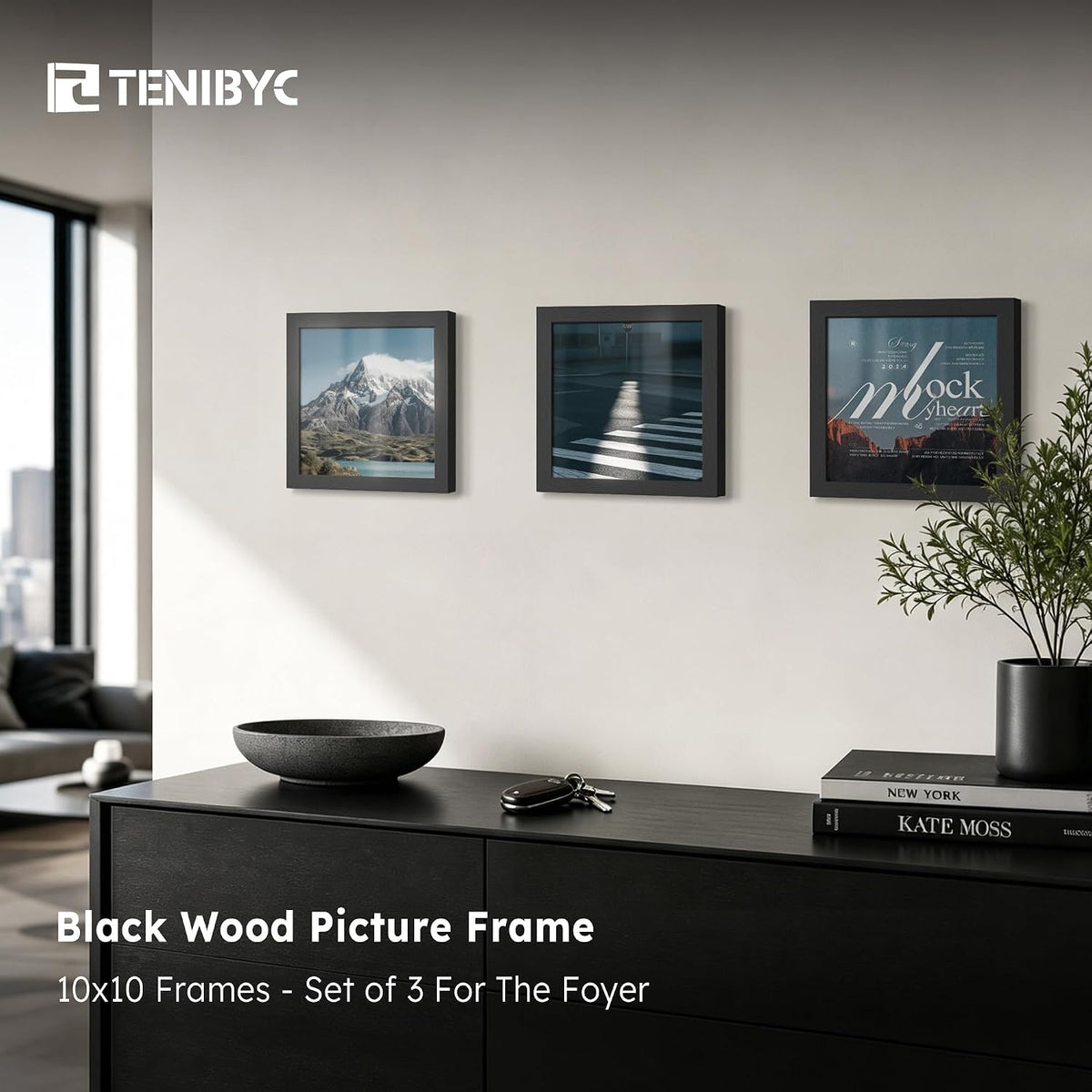 10x10 picture frame 3 Pack, Black Wood, Real Glass, for Photo, Art | Thick HD Tempered Glass, Wall Hanging, Horizontal