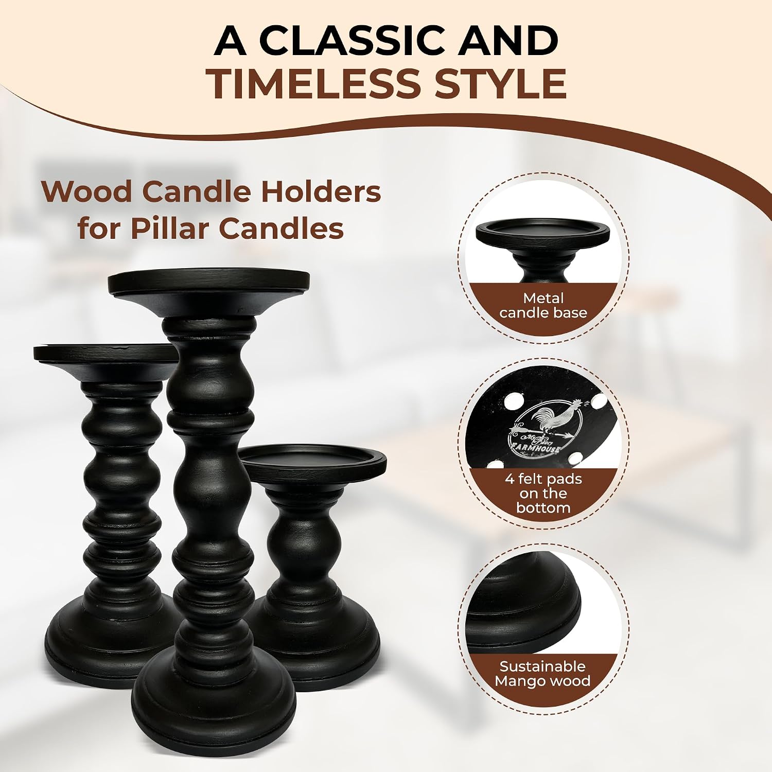 Satin Black Candle Holders for Pillar Candles (Set of 3) Tall Large Rustic Pillar Candlestick Stands - Fits Both 4 inch