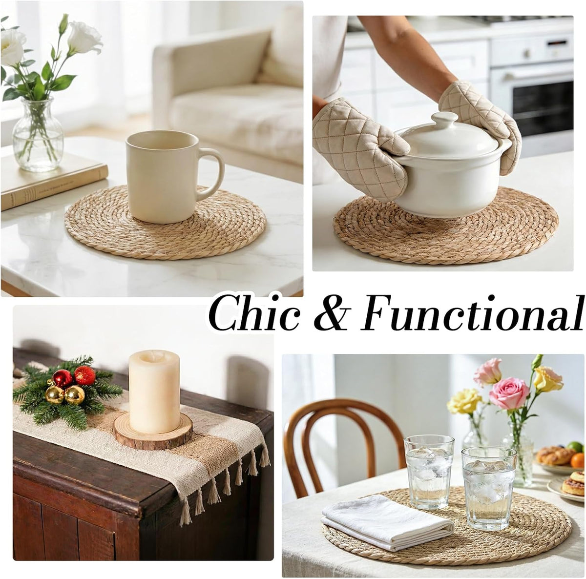 Placemats Set of 8 - Rattan Round Place Mats & 11.8” x 17” Cotton Braided Placemat for Dining Table Setting, Rustic