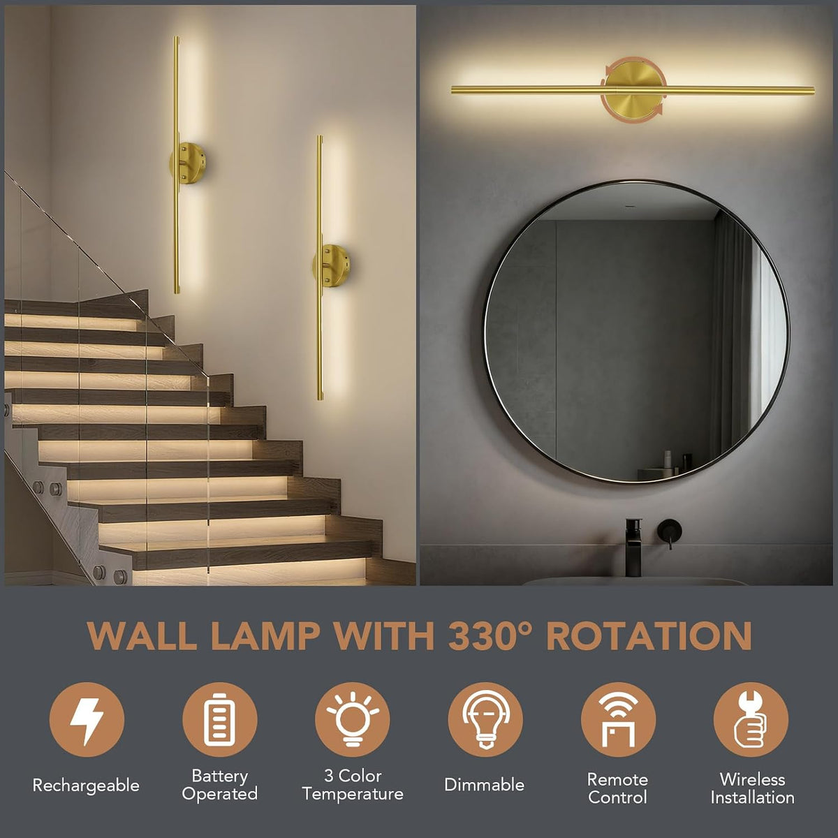 TONYFUL Battery Operated Wall Sconce Set of 2, Rechargeable Wall Lamp with 6000mAh Dimmable Bulbs and Remote