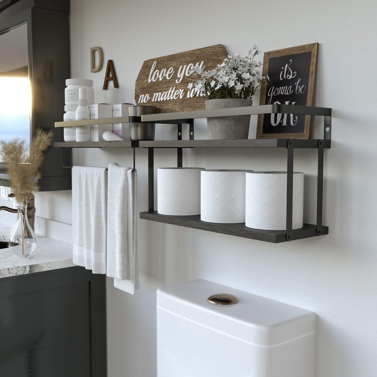 RICHER HOUSE Floating Shelves Bathroom, Wall Mounted Shelf Over Toilet | 2+1 Tier, with Metal Rail, Towel Rack, Paper
