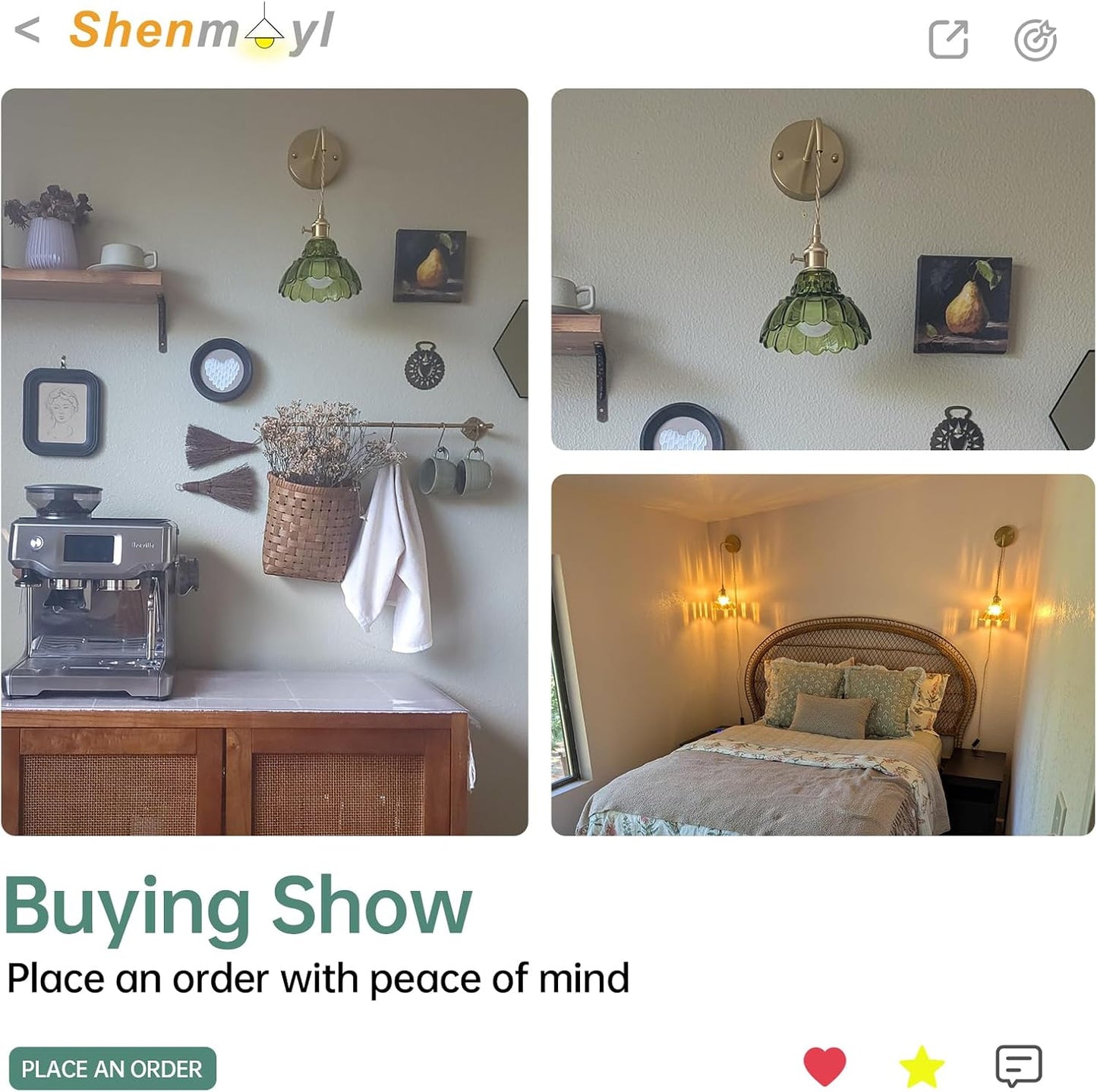 Shenmoyl Vintage Wall Sconce with Green Lily of the Valley Shade Pattern Glass Adjustable Chain Retro Gold Wall Mounted