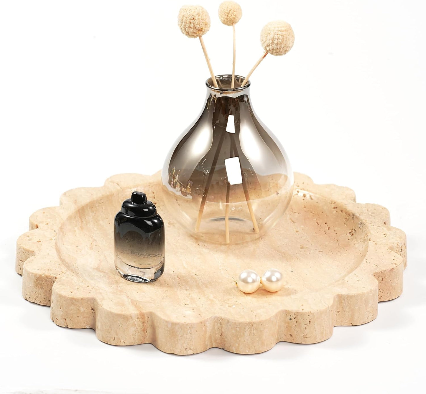 Travertine Scalloped Marble Tray / Flower-travertine / 9.9 Inch