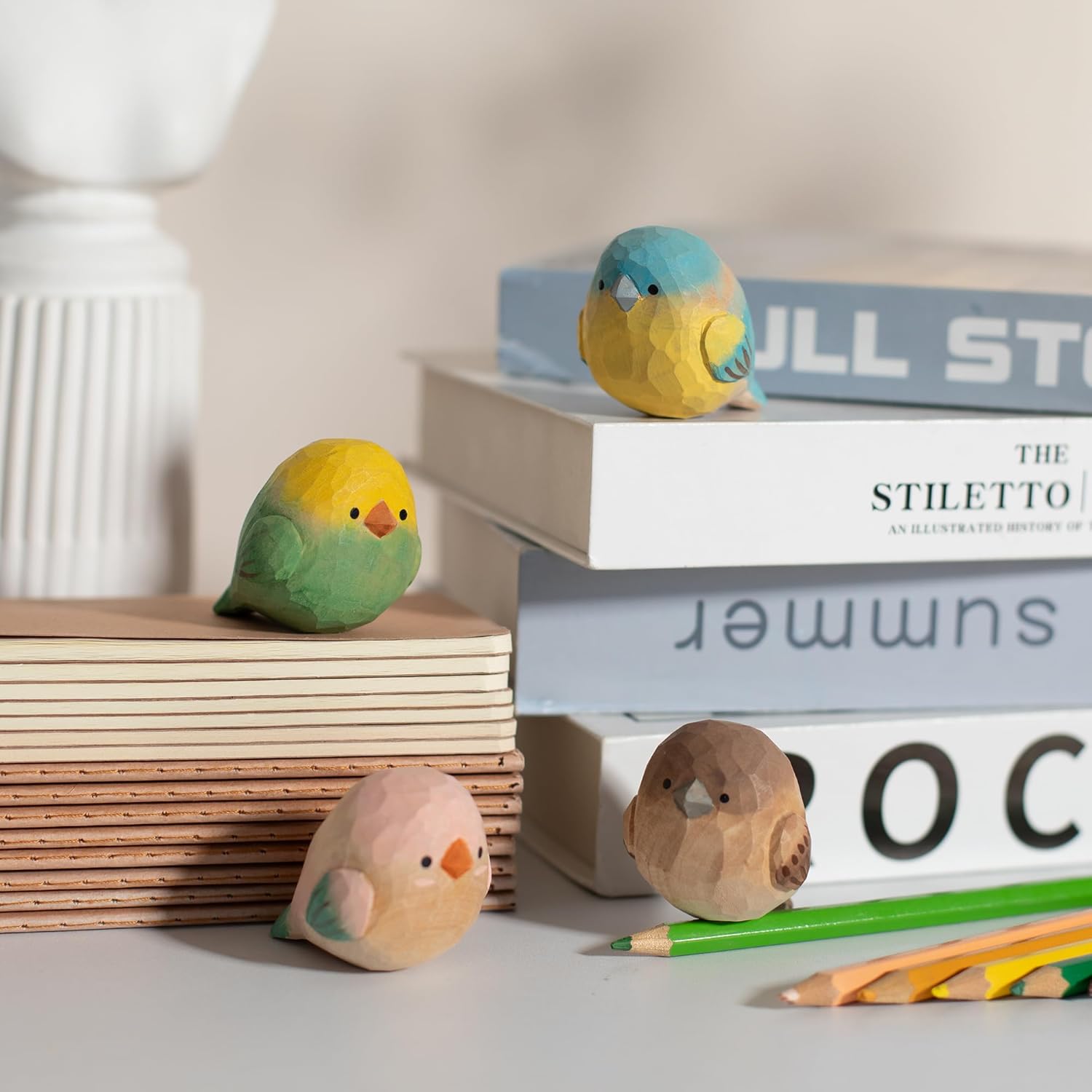Hand-Carved Wooden Bird Figurines / Set of 4