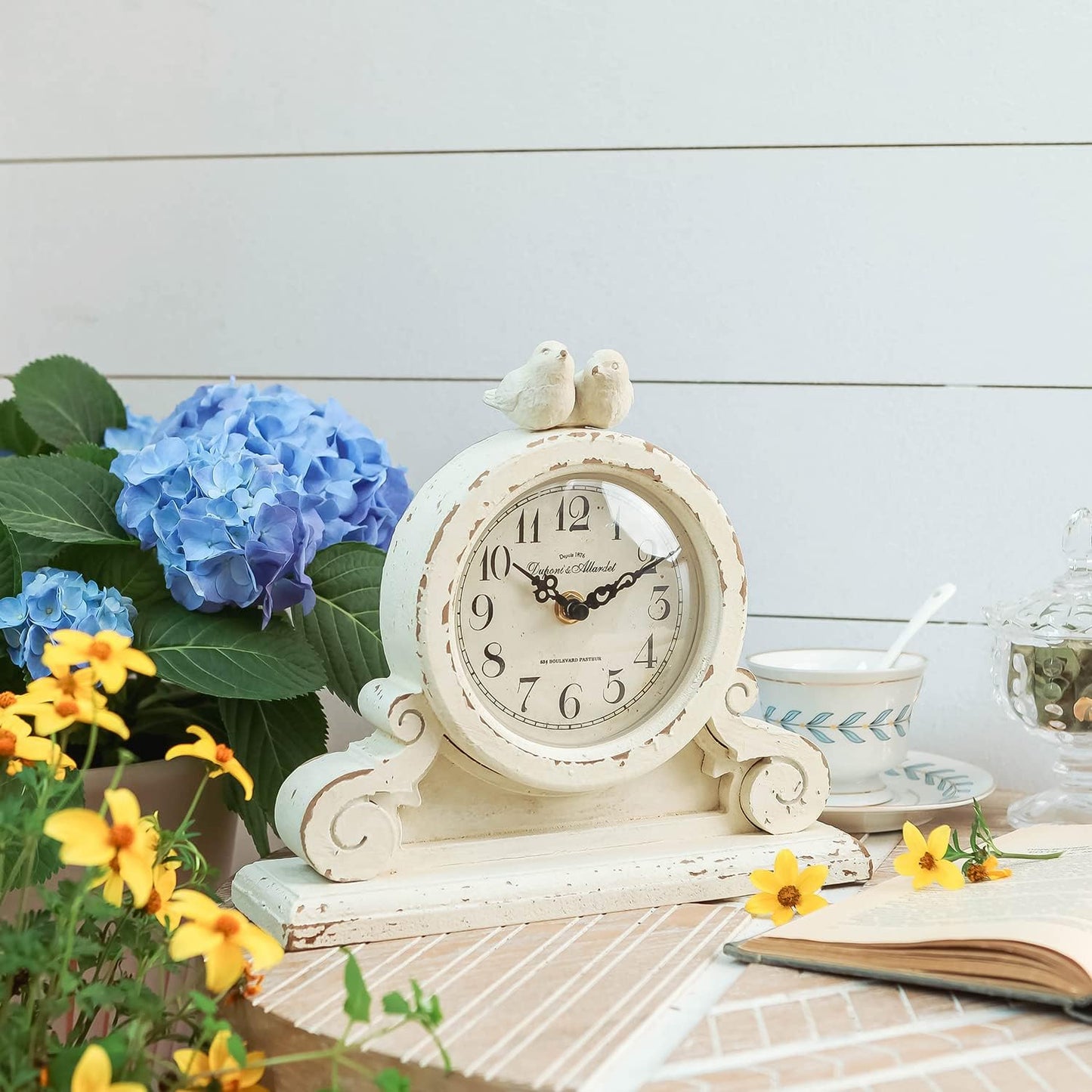 NIKKY HOME Vintage Bird Mantel Clock, Shabby Chic Wooden Table Clock | Rustic Distressed White Desk Clock with 2 Bird