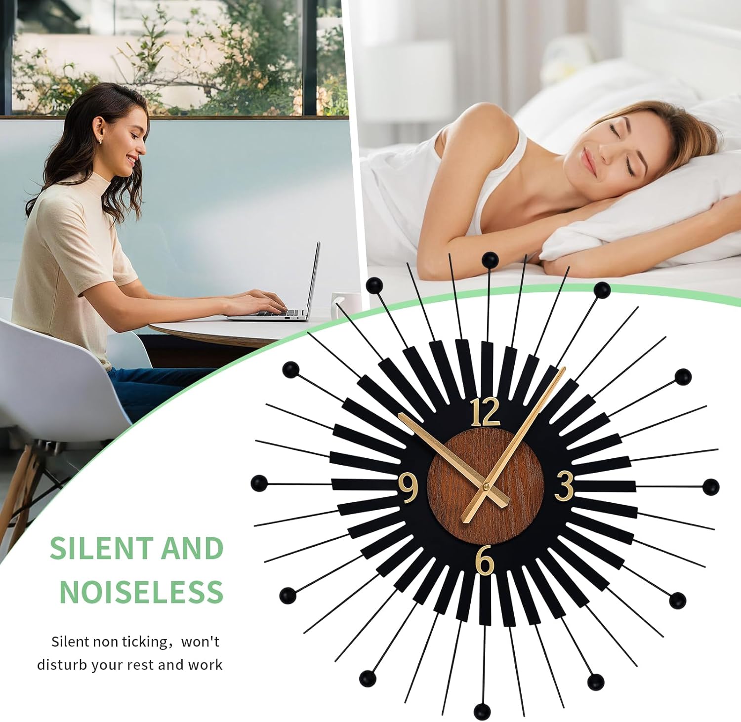 22 Inch Modern Sunburst Wall Clock Battery Operated Silent Quartz Movement | Black Metal Radiating Design with Walnut