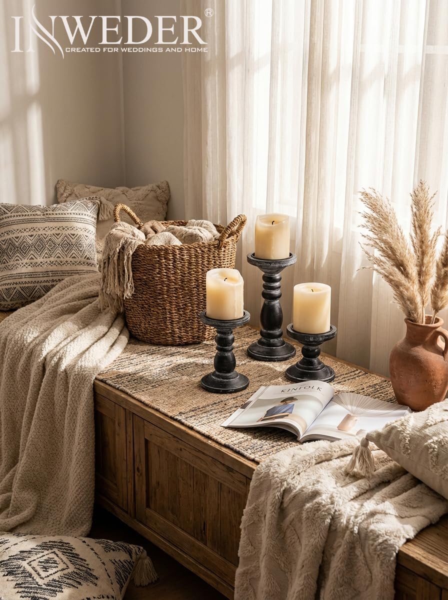 Wood Pillar Candle Holder: Rustic Distressed Black Candle Stand | Solid Pine Wooden Decor, for 3.15" Pillar, Farmhouse