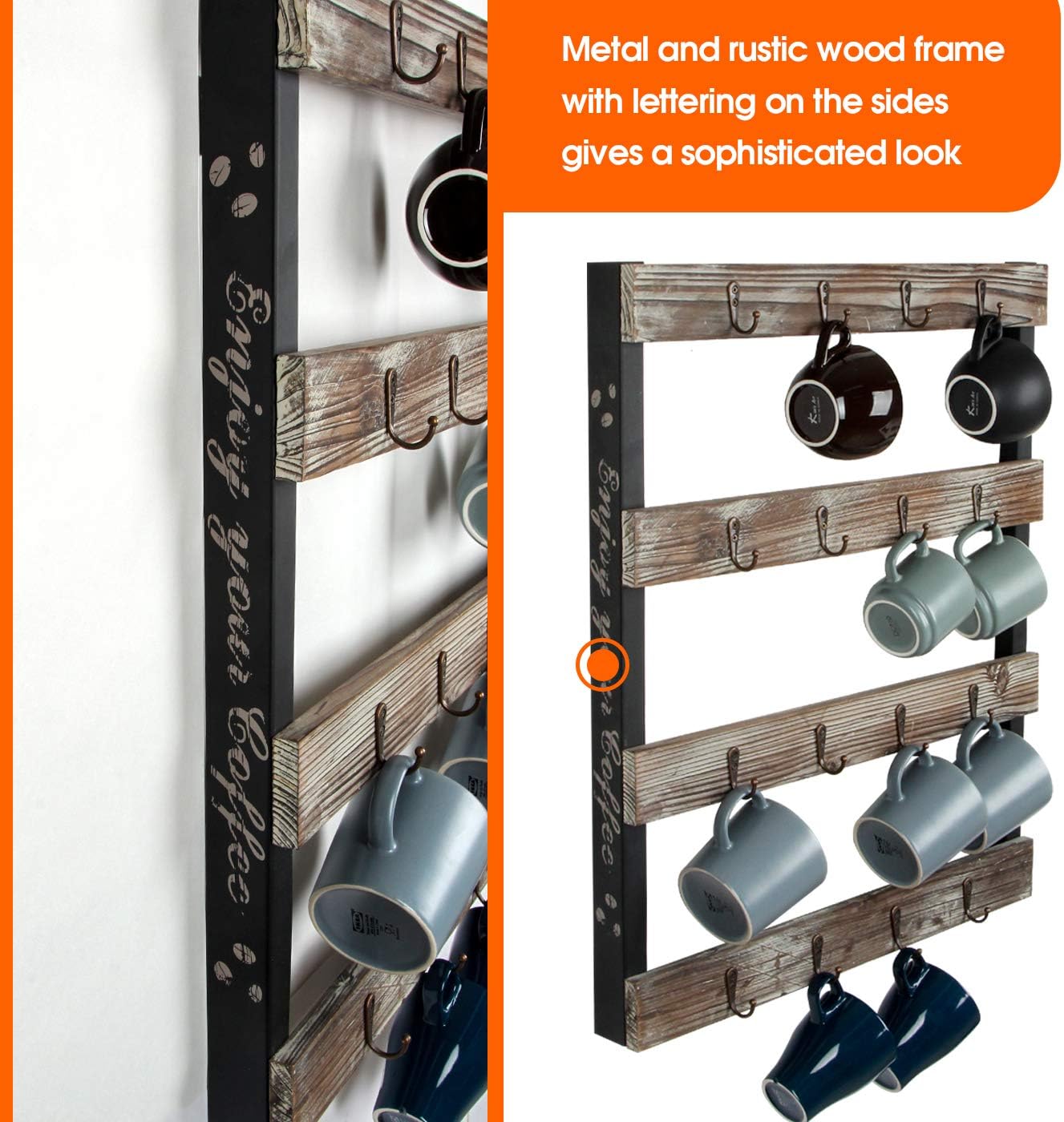 J JACKCUBE DESIGN Coffee Mug Holder Wall Mounted Rustic Wood Cup Organizer with 16-Hooks Hanging Rack for Home, Kitchen