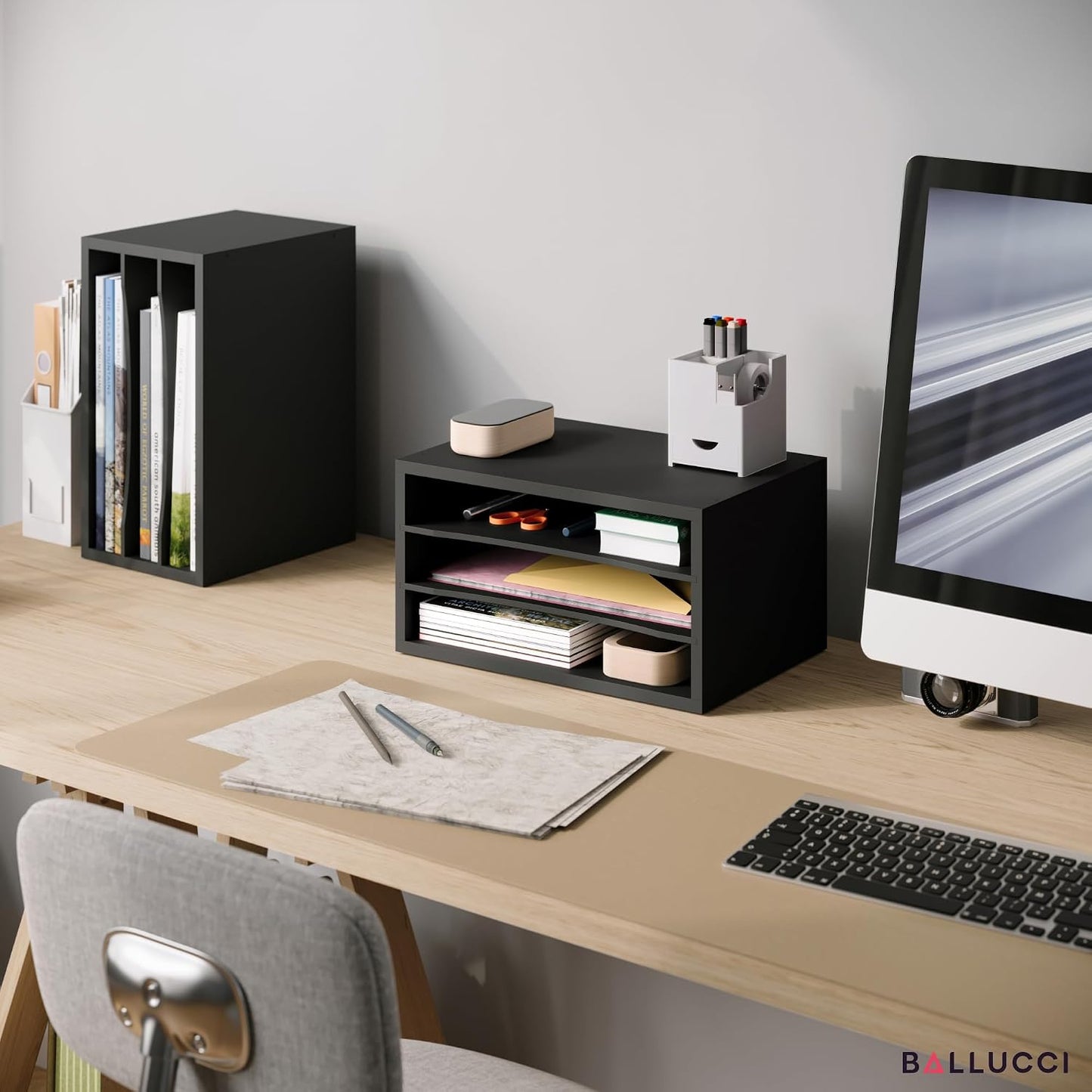 Ballucci Paper Organizer, 3-Tier Stackable Wood Desk Organizer, Document File Organizer and Mail Sorter with Adjustable
