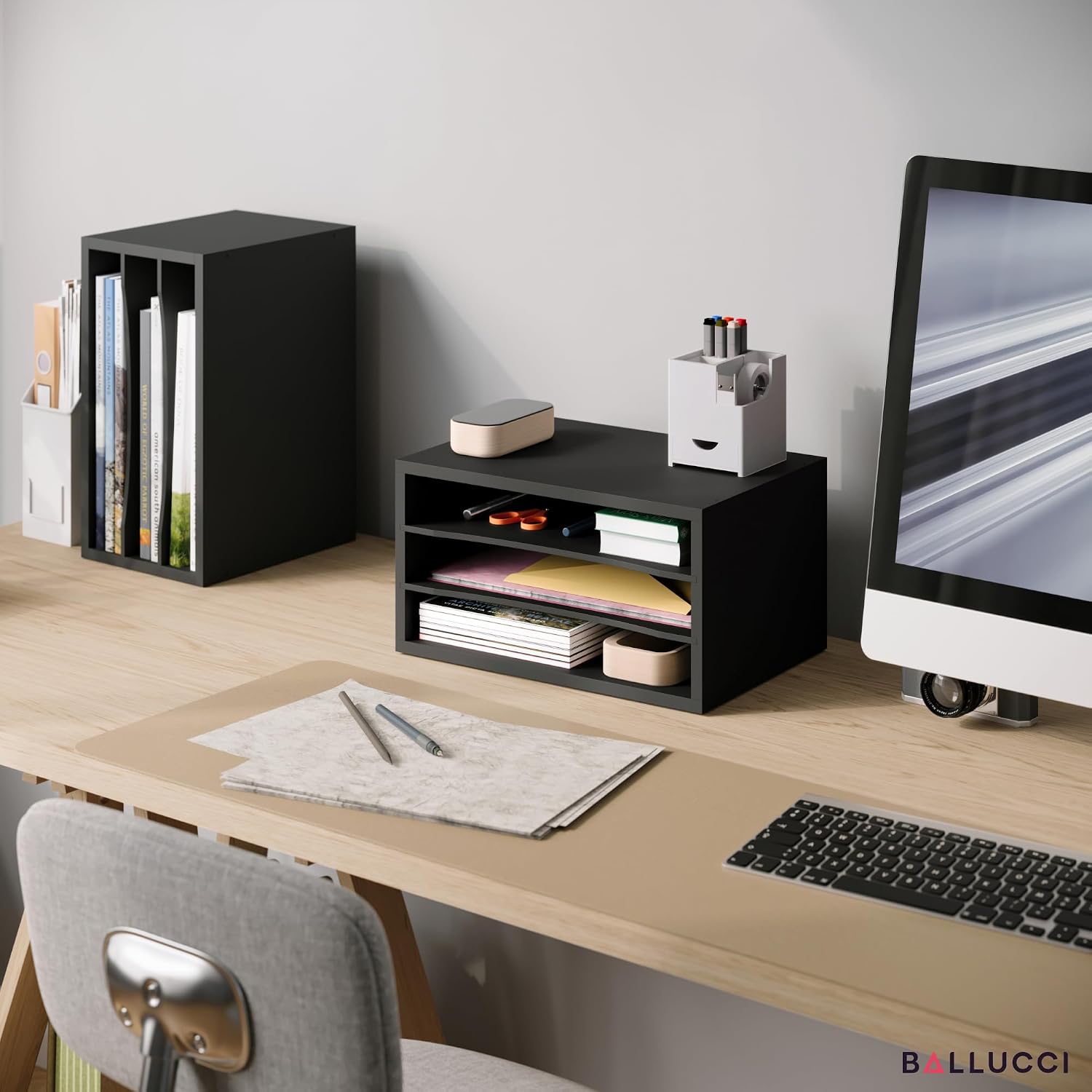 Ballucci Paper Organizer, 3-Tier Stackable Wood Desk Organizer, Document File Organizer and Mail Sorter with Adjustable
