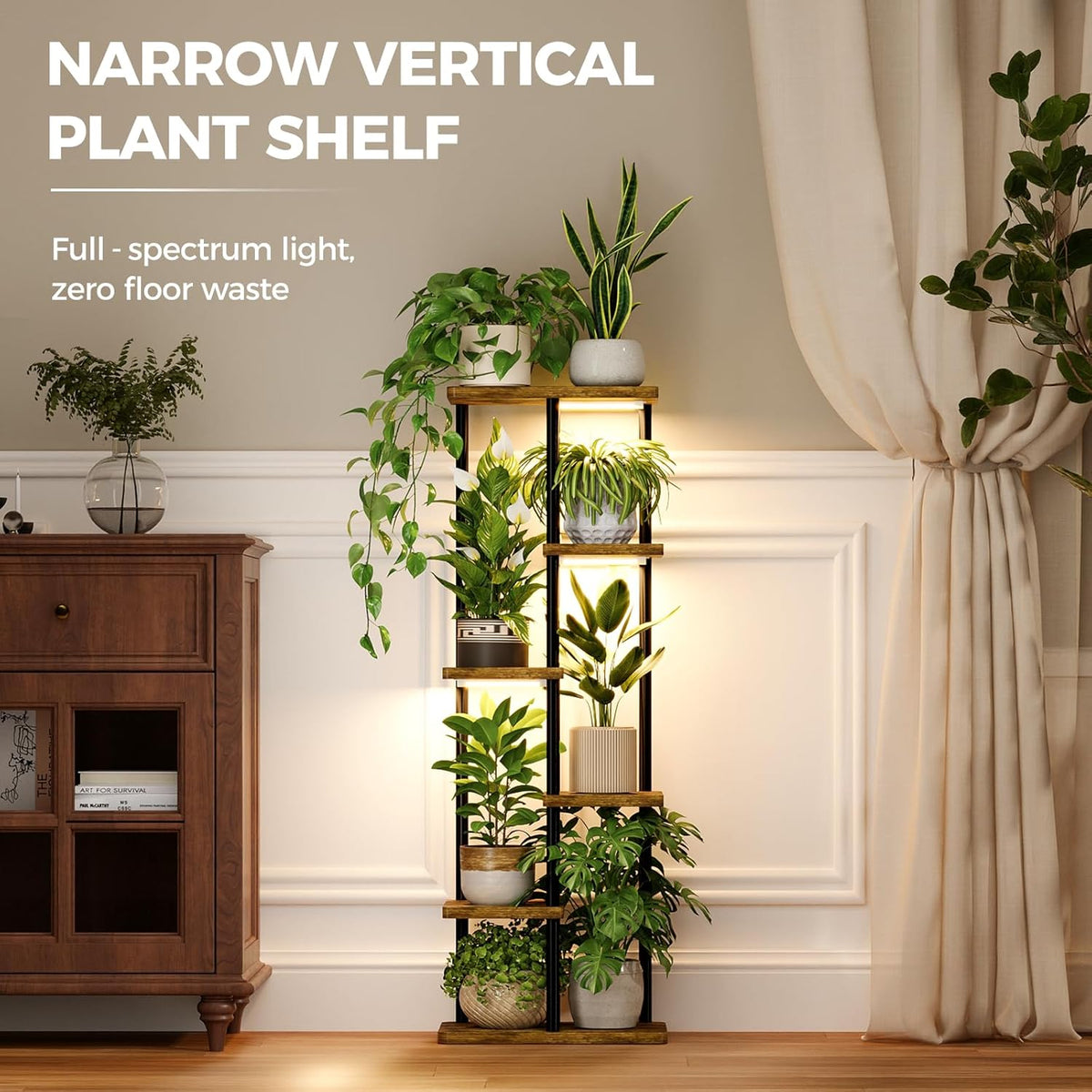Bamworld Plant Shelf with Grow Light for Indoor Plants Corner 6 Tier | Metal Plant Stand Wood Flower Stand for Home