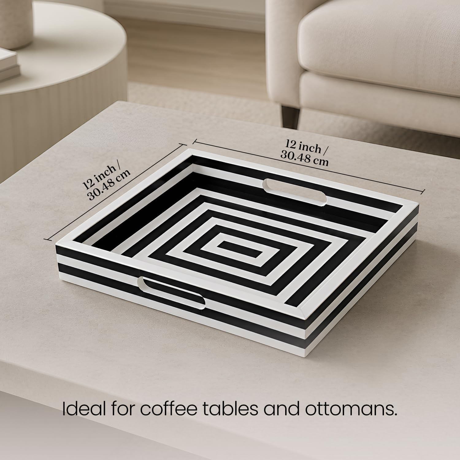 Decorative Tray / Black and White Resin Inlay Concentric / 12 x 12 x 1.7 / Black & White