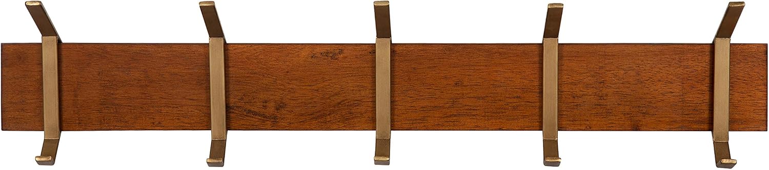 Kate and Laurel Rossmore Modern 5 Hook Shelf, Walnut and Gold, Mid-Century Coat Rack