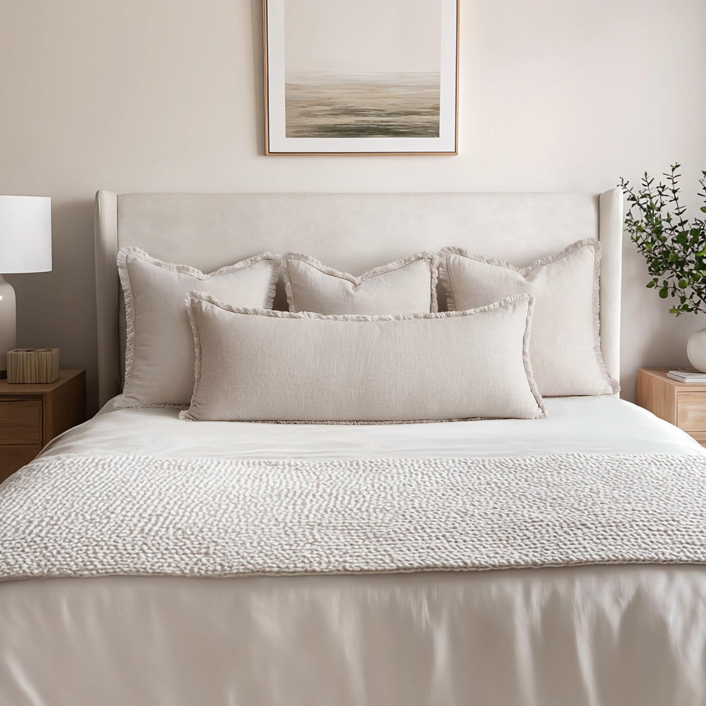 Decorative Throw Pillow Covers Neutral Linen Fringe Throw Pillows Boho / Natural Beige / 36 x 14