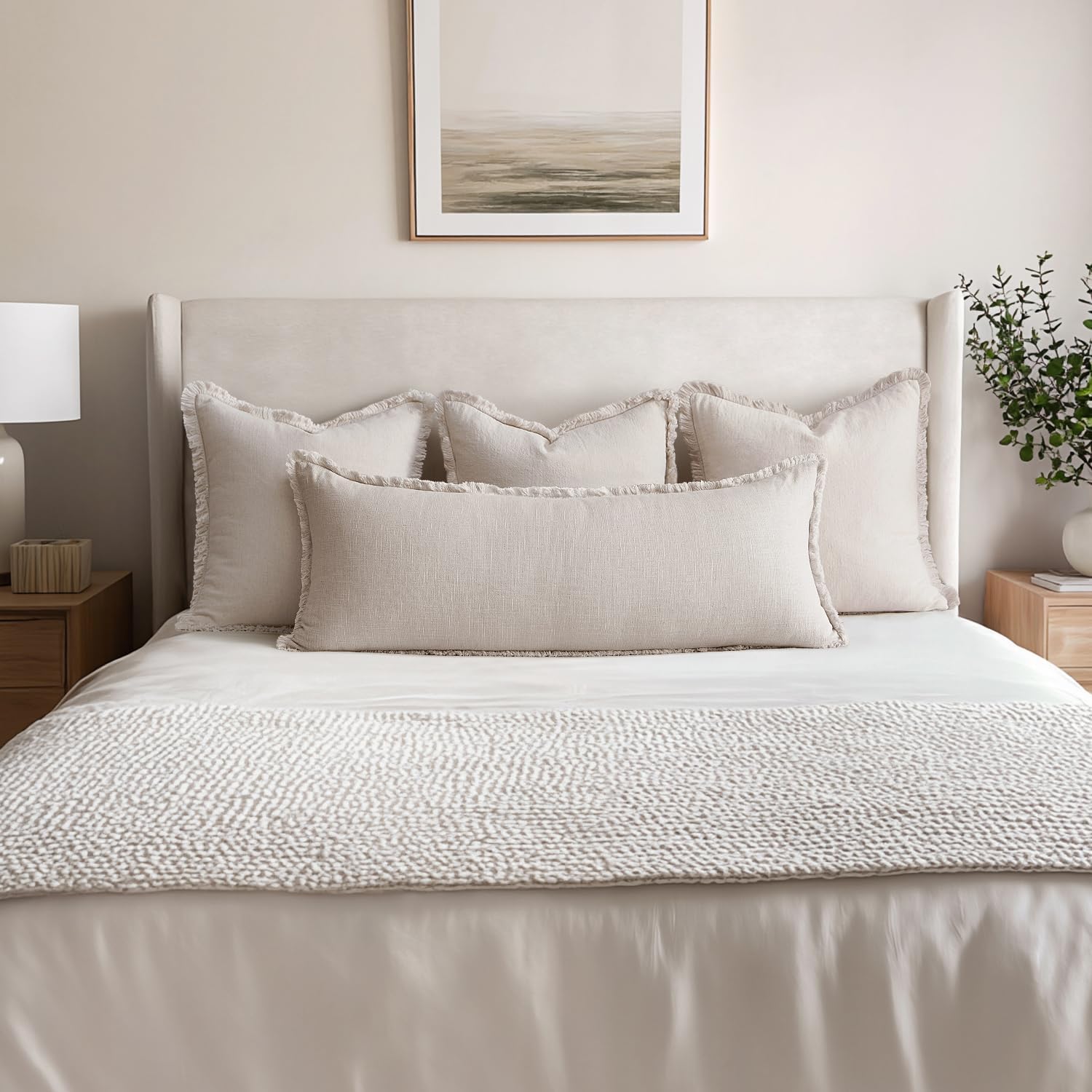 Decorative Throw Pillow Covers Neutral Linen Fringe Throw Pillows Boho / Natural Beige / 36 x 14