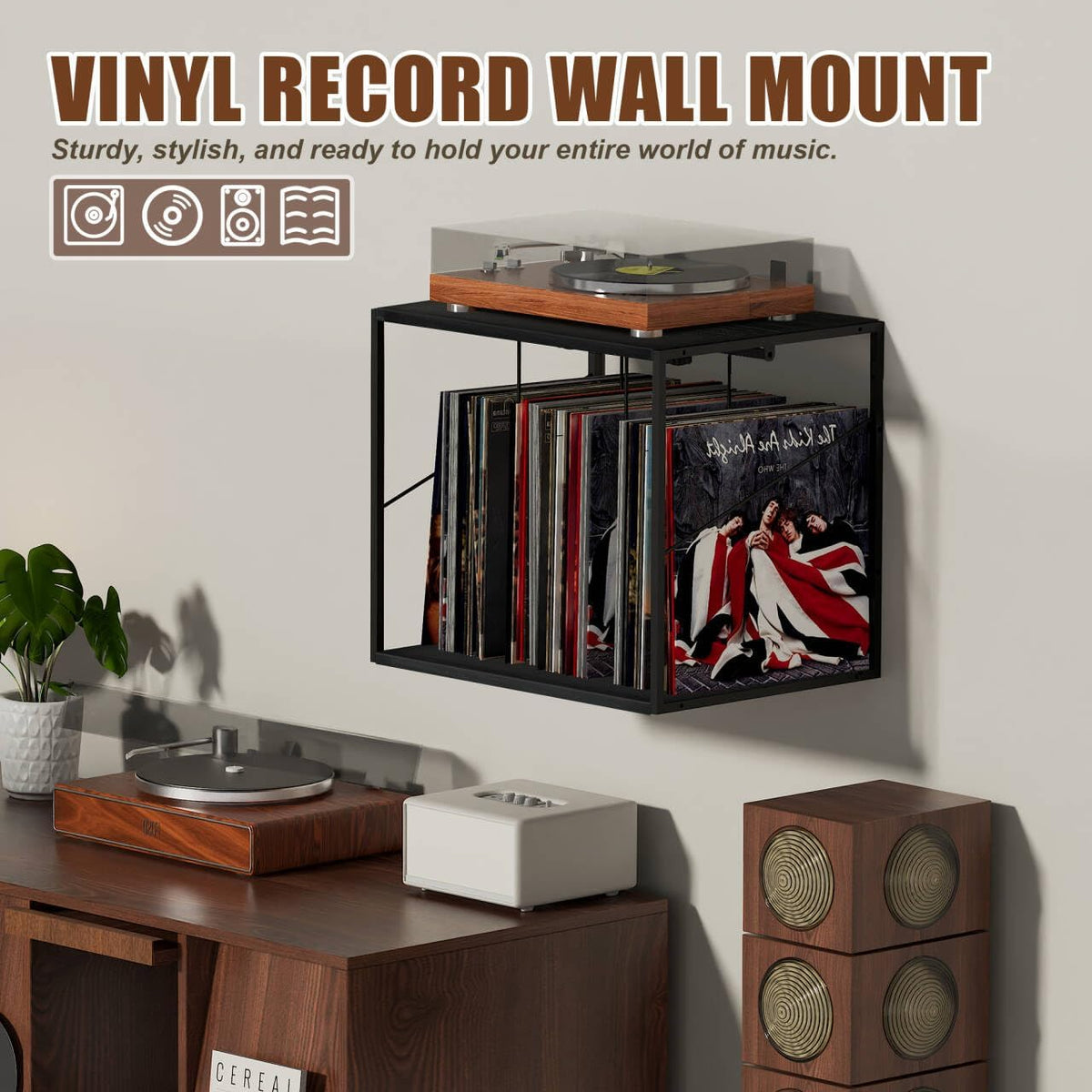 Vinyl Record Storage Holder for 80-100LPs, Vinyl Record Stand Wall Mount with Movable Divider, Solid Record Display