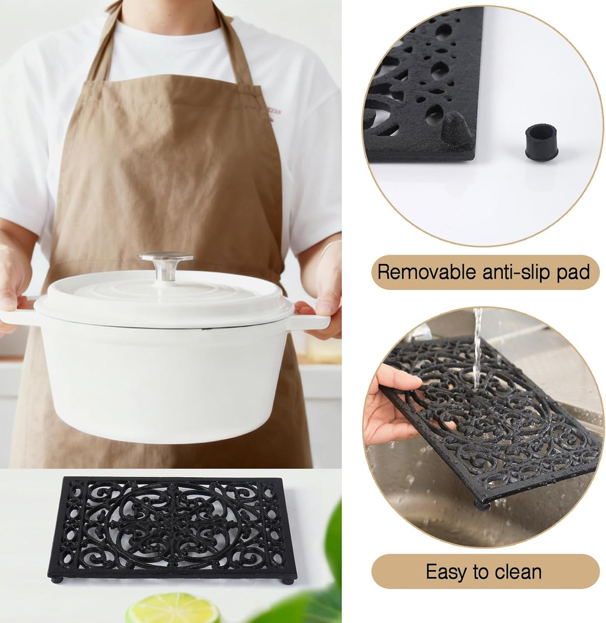 Notakia 9.6 x 6.3 Inch Cast Iron Trivet Set, Large Metal Trivets for Hot Dishes Pots Pans Decorative Kitchen Trivets
