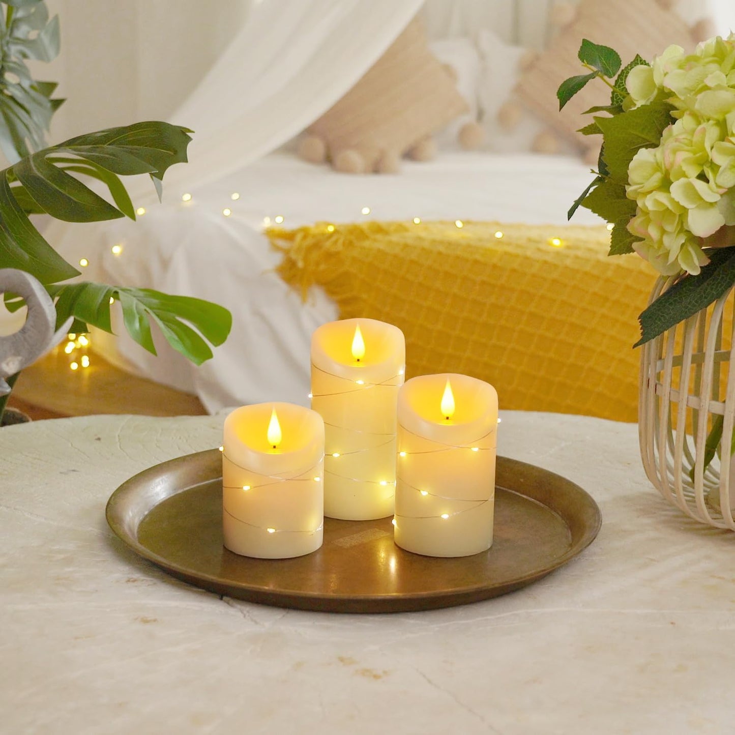 Homemory Flameless Candles with String Lights, 3 Pack Embedded Fairy String Lights LED Candles, Electric Flickering