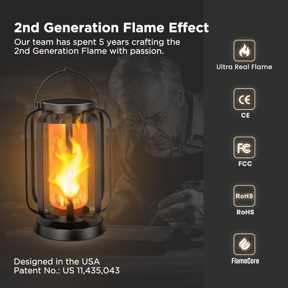 Hompavo Gen2 Solar Lanterns Outdoor Lights with Ultra-Real Flame | USB/Solar Charging & 4-Mode, Waterproof Decorative