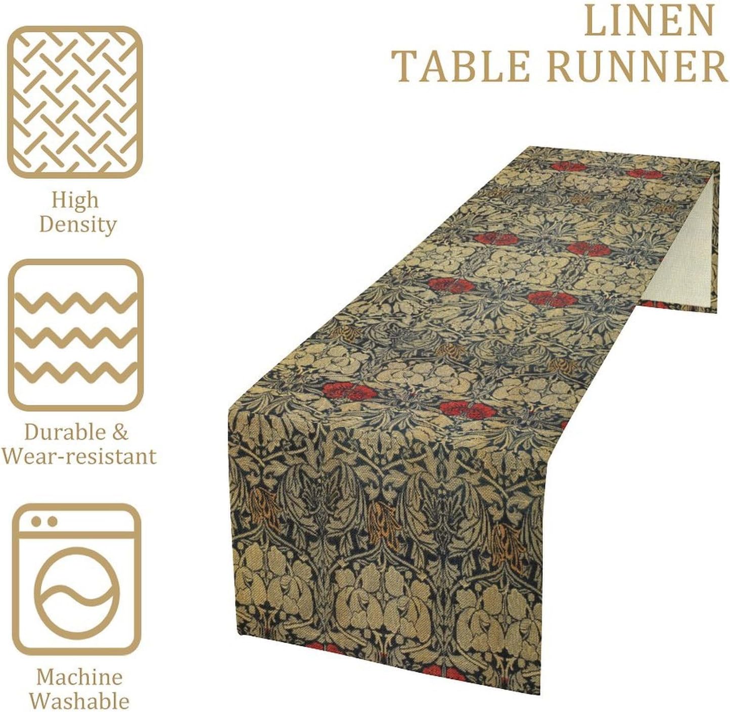 William Morris Red Flower Table Runner Vintage Flowers Boho Botanical Printed Linen Table Runner for Home Kitchen