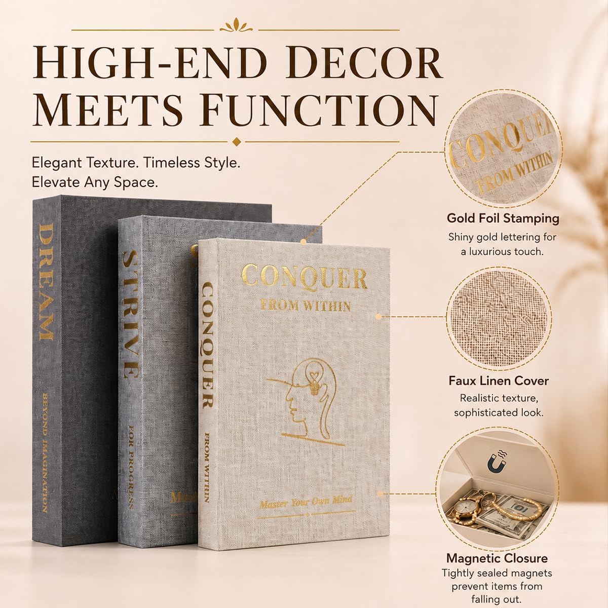 Neutral Linen Decorative Books / Gold / Set of 3