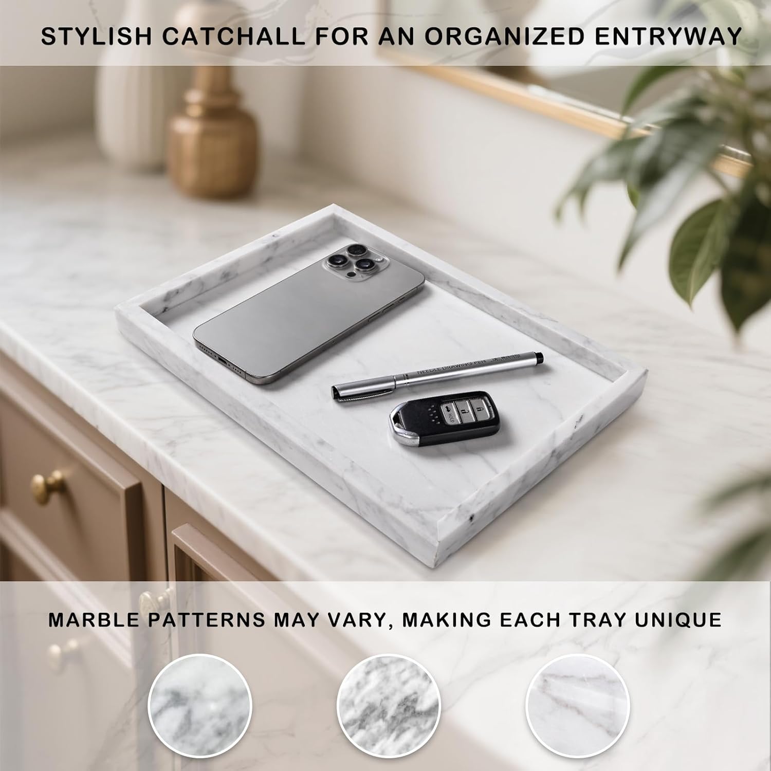 Marble Bathroom Tray for Countertop & Home Decor / White