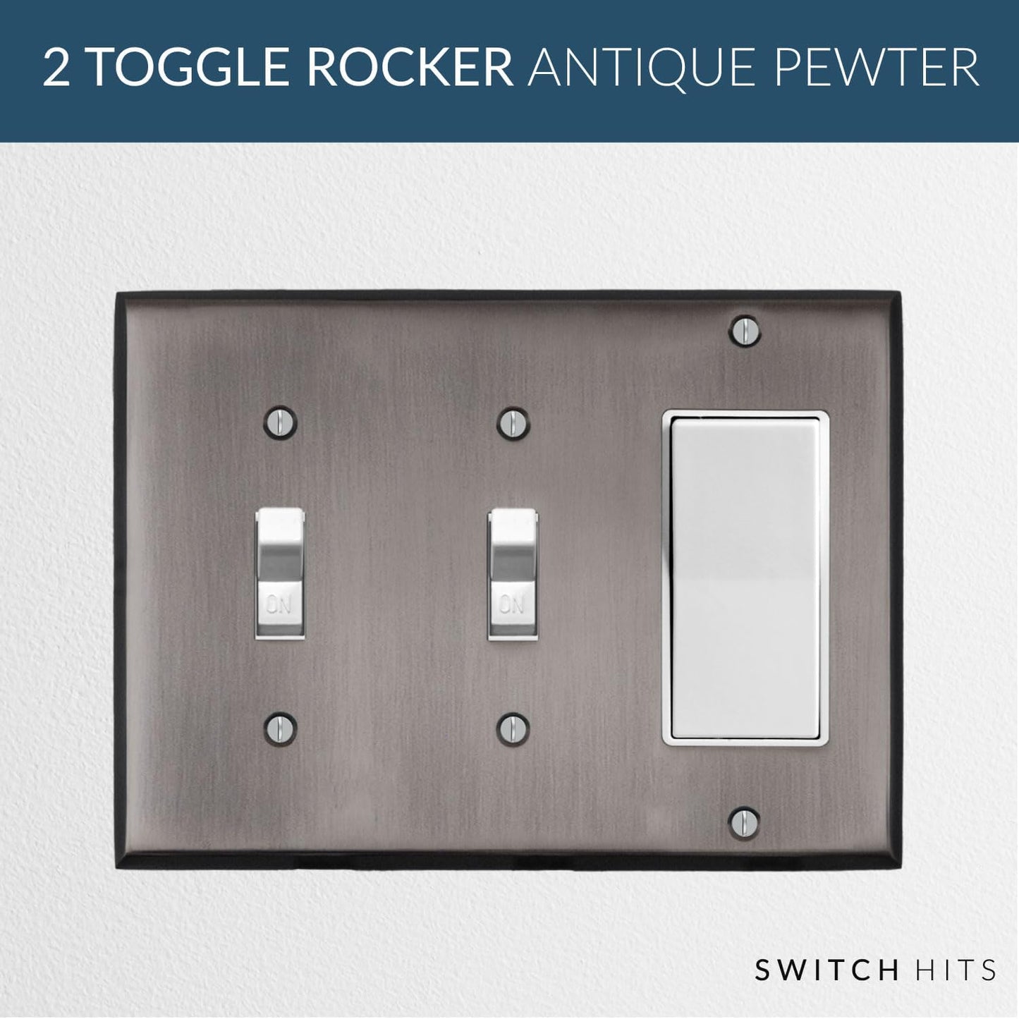 Antique Pewter Outlet Wall Plate | 2 Toggle - 1 GFI Rocker | 6.25" x 4.5" | Hand-Polished Brass Construction