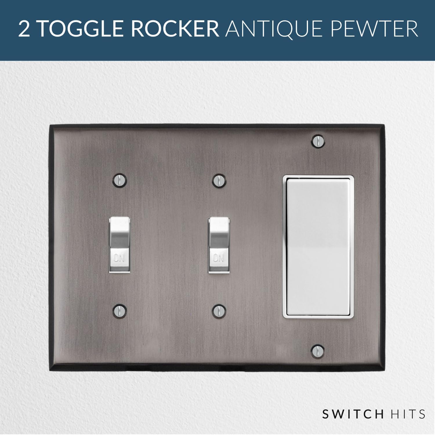 Antique Pewter Outlet Wall Plate | 2 Toggle - 1 GFI Rocker | 6.25" x 4.5" | Hand-Polished Brass Construction