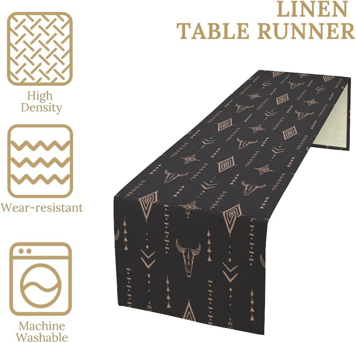 Western Cow Skull Table Runner,Vintage Western Boho Style Aztec Cow Ethnic Background Minimalist Pattern Printed Linen
