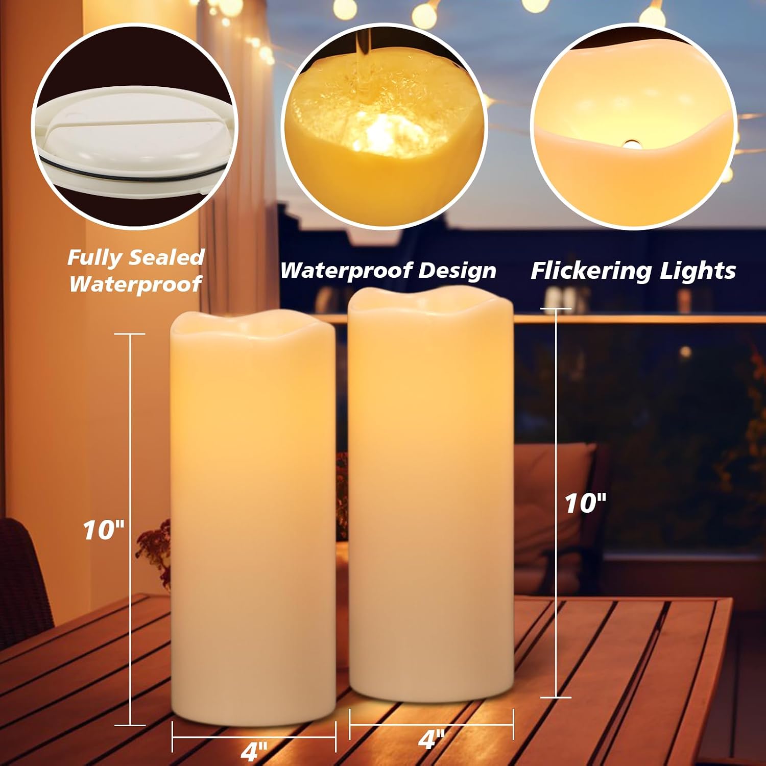 GenSwin Solar Candles Outdoor Waterproof Lantern Ivory White 4 x 10 in | IP65, Sensor for Dusk to Dawn, Large Pillar