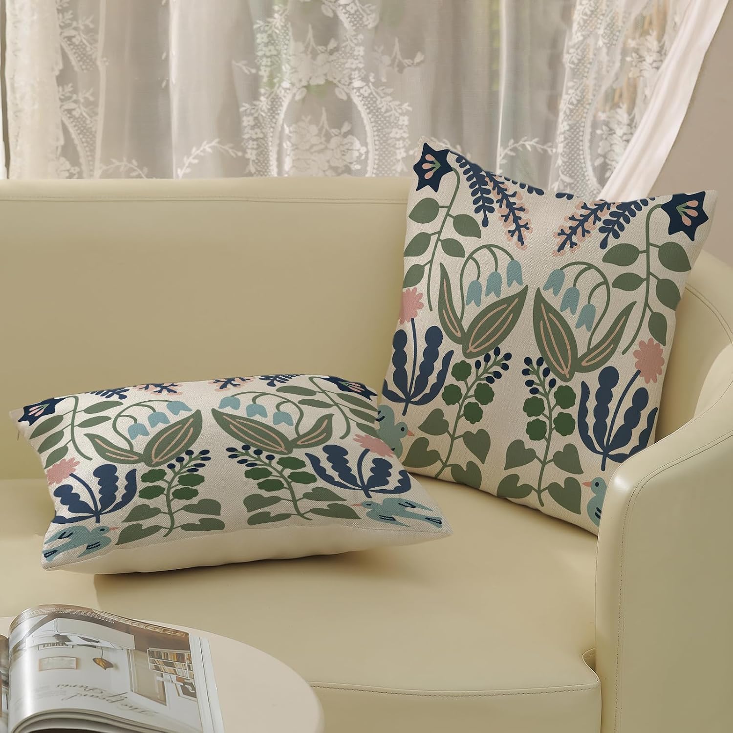 Navy Blue Boho Pillow Covers Sage Green Floral Decor / 18 x 18 / Blue Green Boho Floral / Set of 2