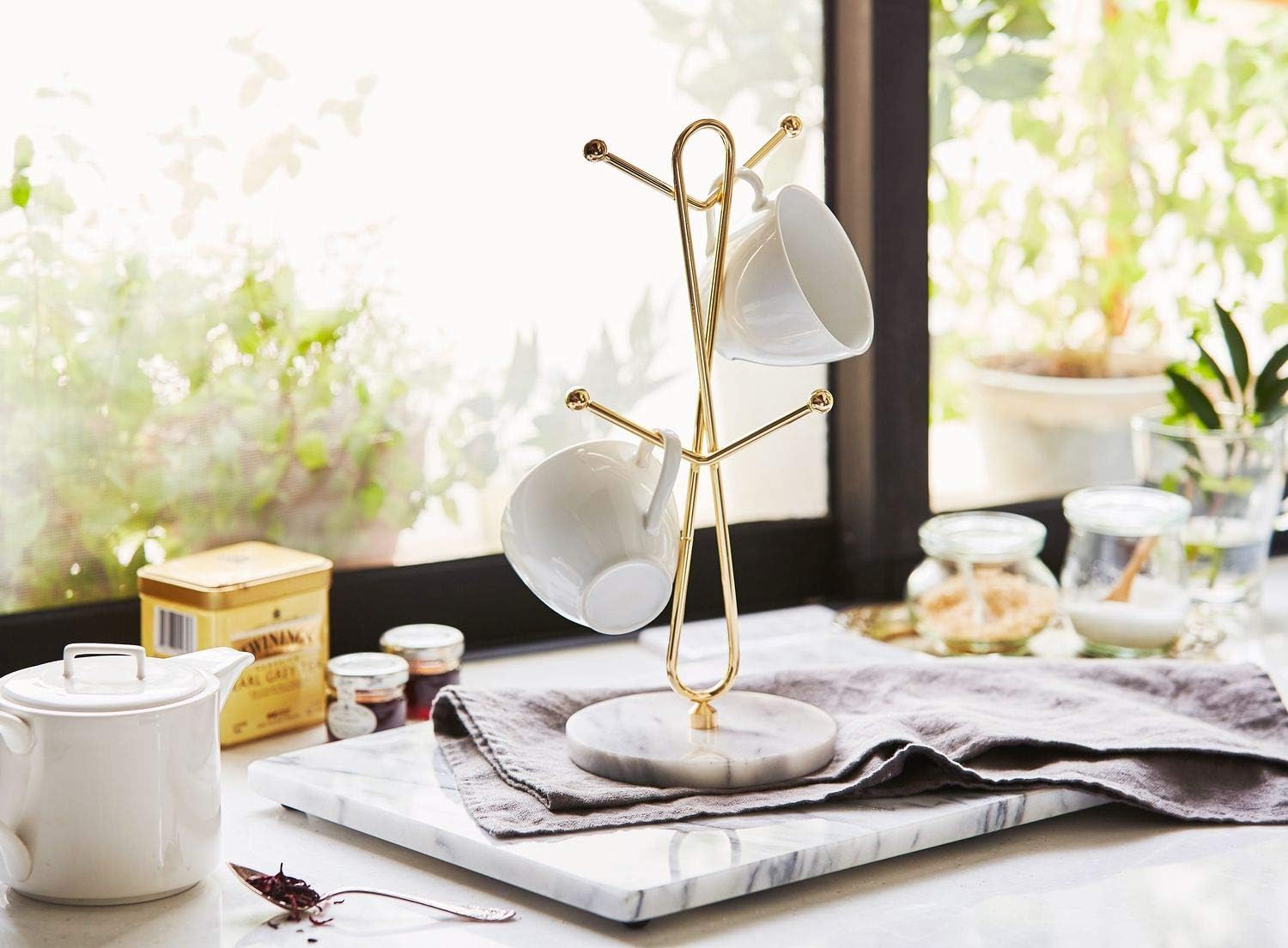 JEmarble Mug Holders with Copper Plated Standing(Black) Countertop Mug Tree, Coffee Mugs & Tea Cup Storage Rack, Coffee
