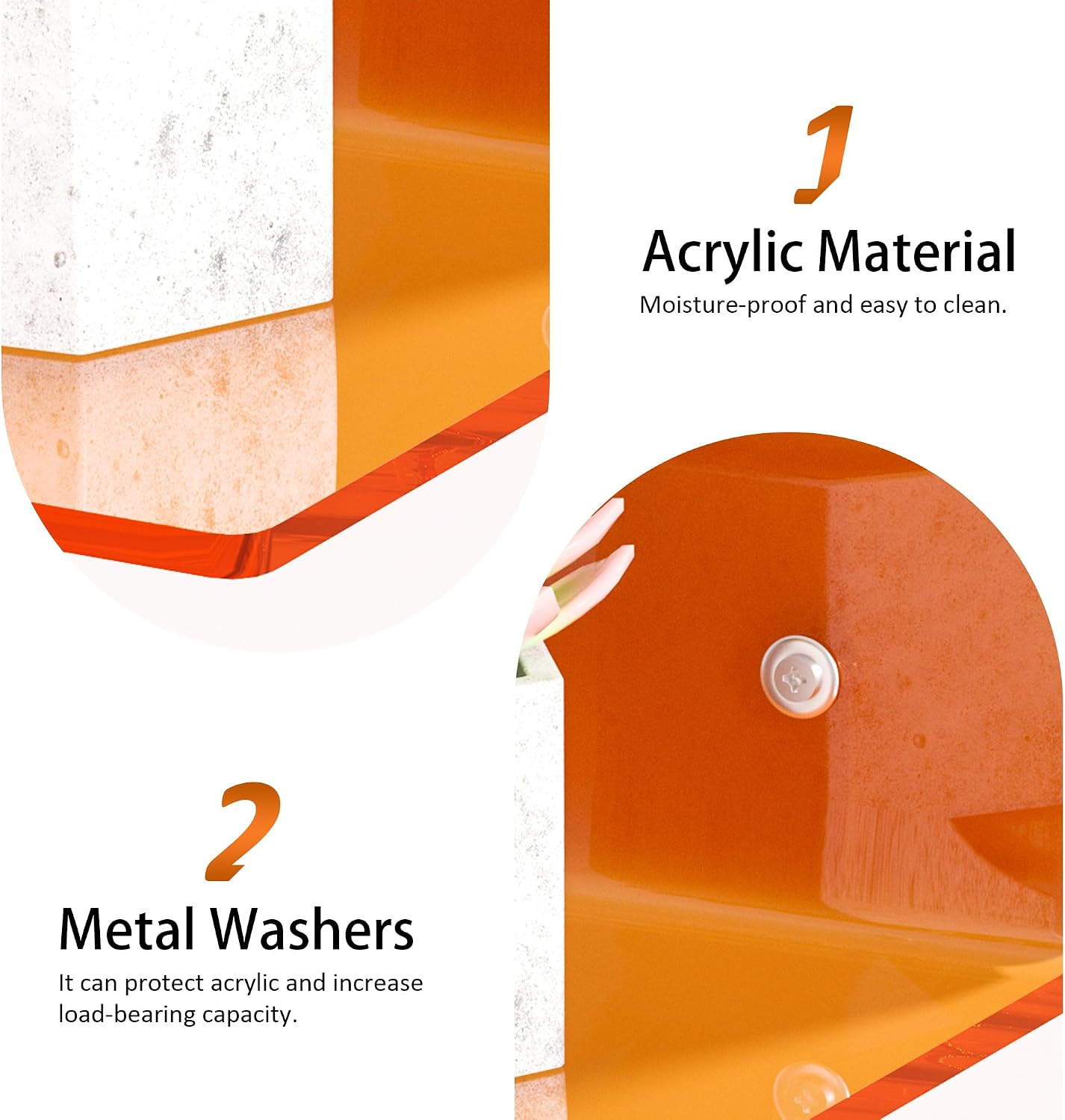 Sezanrpt 15 Inches Orange Acrylic Wall Shelves 2 Pack, L Shape Floating Shelf, Perspex Wall Mounted Shelves for Home