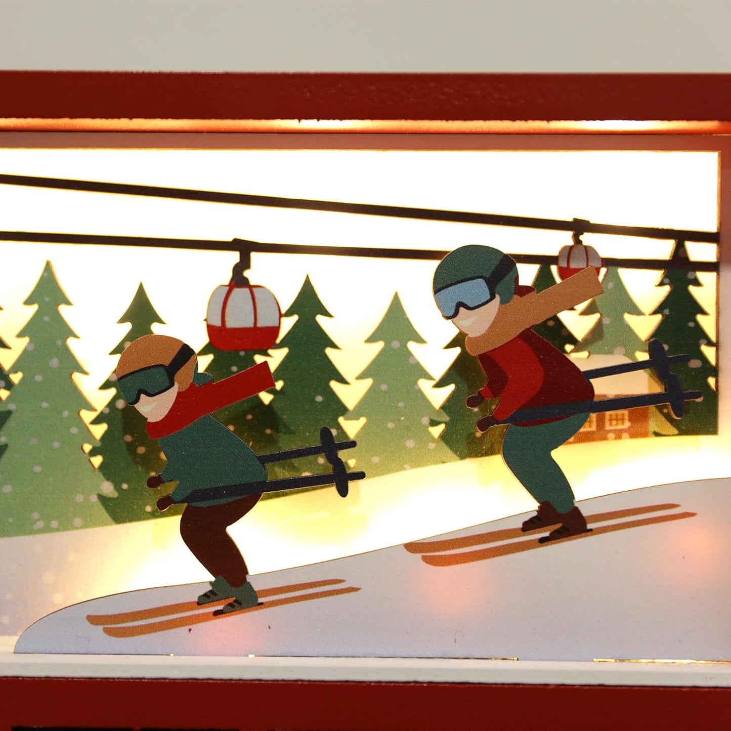 Christmas Wooden Advent Calendar Book with LED lighting Red Color Christmas Skiing Scenes Countdown Holiday Gifts with