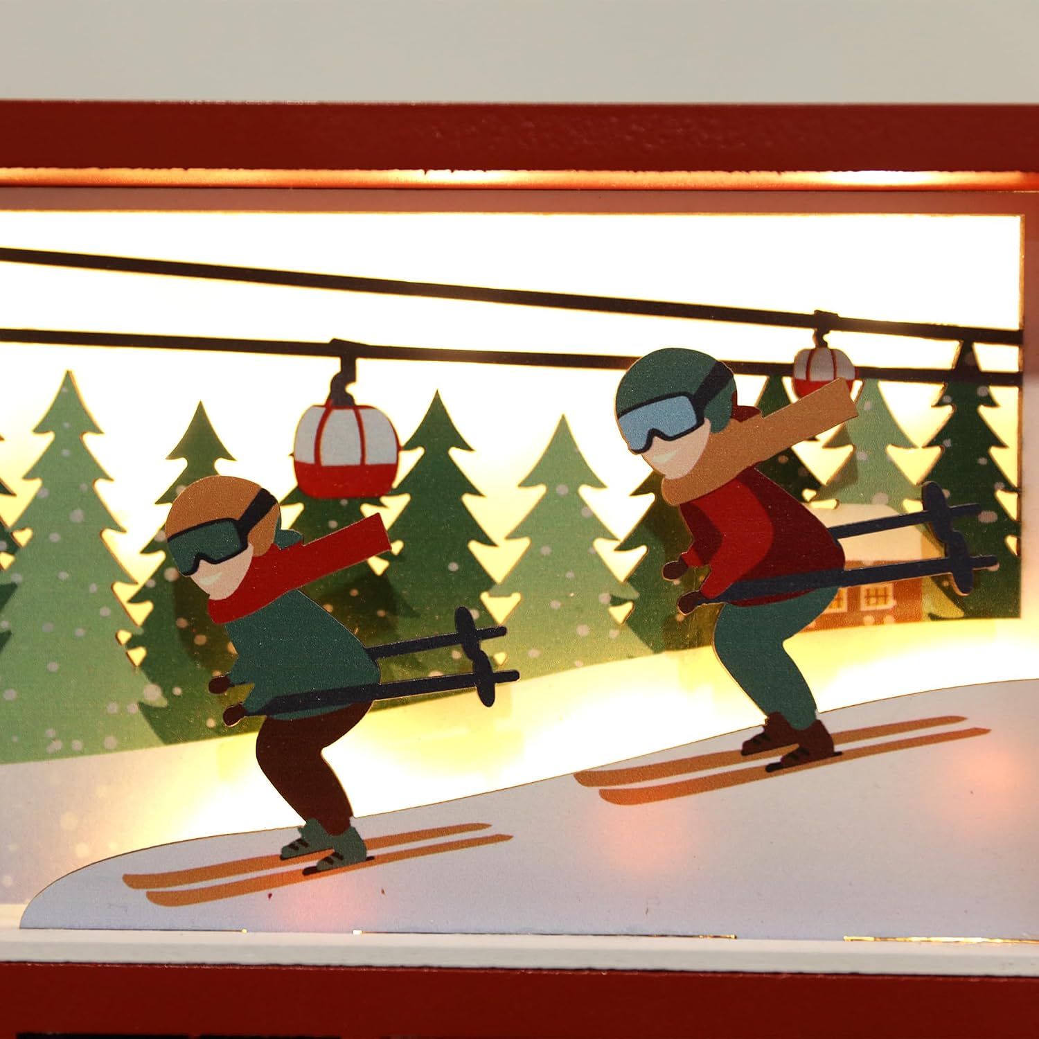 Christmas Wooden Advent Calendar Book with LED lighting Red Color Christmas Skiing Scenes Countdown Holiday Gifts with