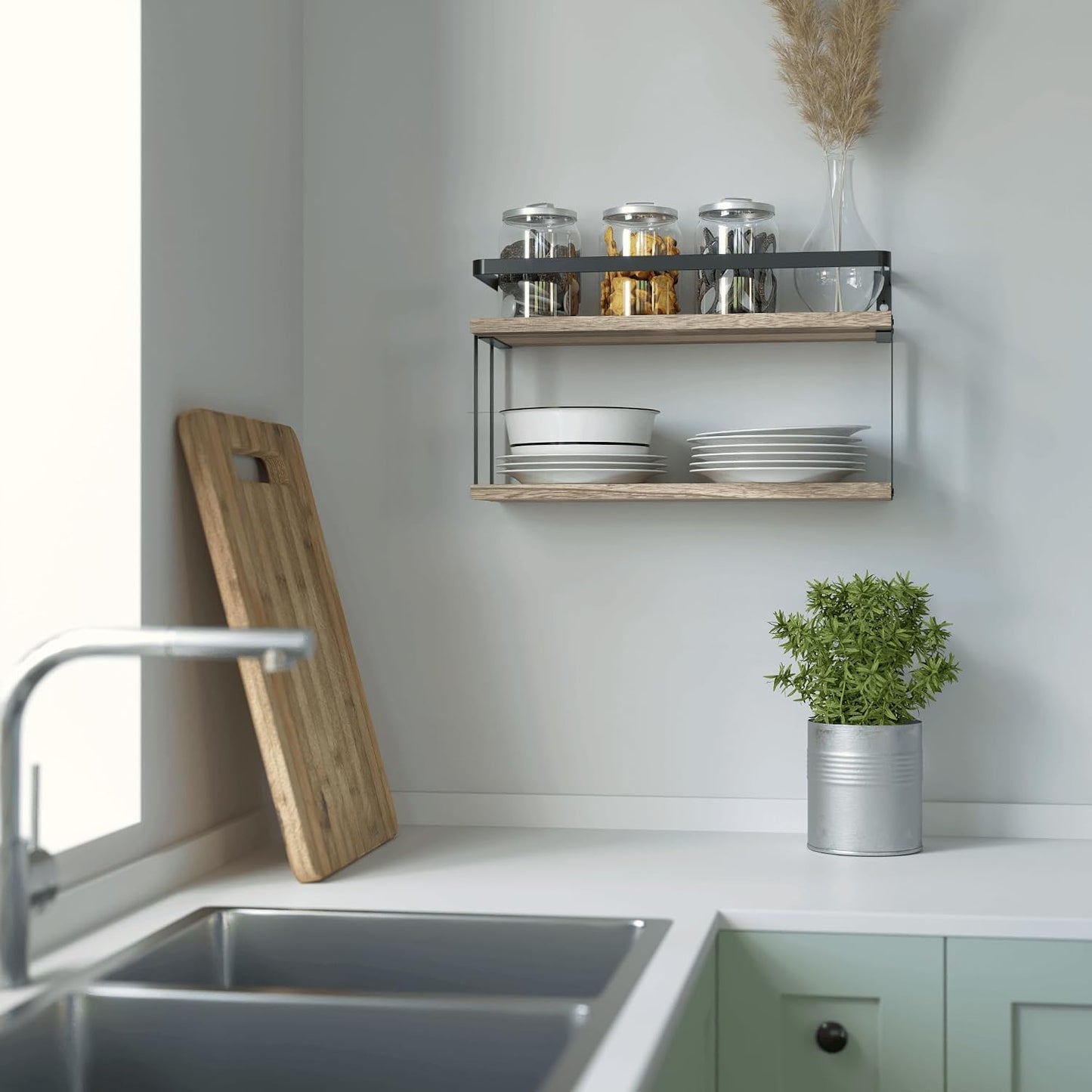 RICHER HOUSE Floating Shelves Bathroom, Wall Mounted Shelf Over Toilet | Dual-Level, with Metal Guard-Rail, Organizers