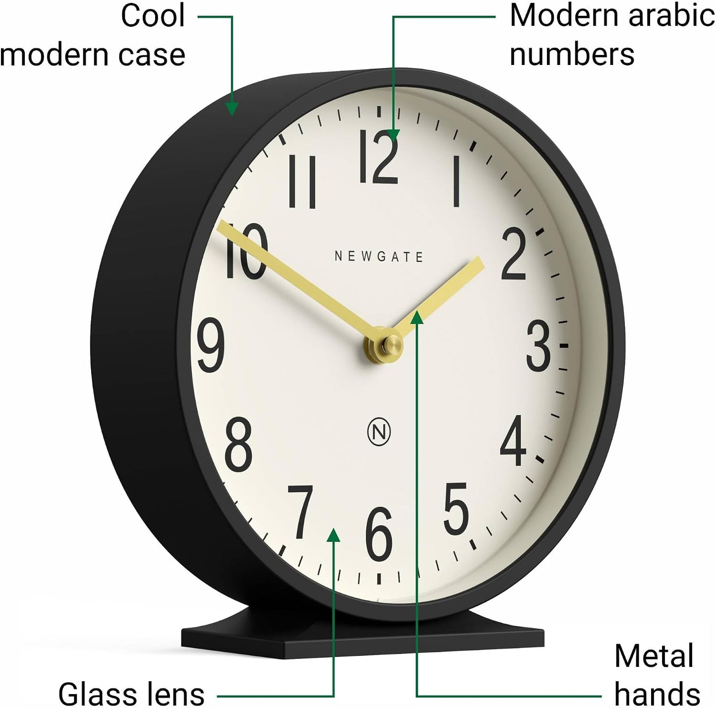 NEWGATE® Q Mantel Clock | Modern Classic Round Mantel Clock | Black | Contemporary Style for Mantel, Desk, Table, Shelf