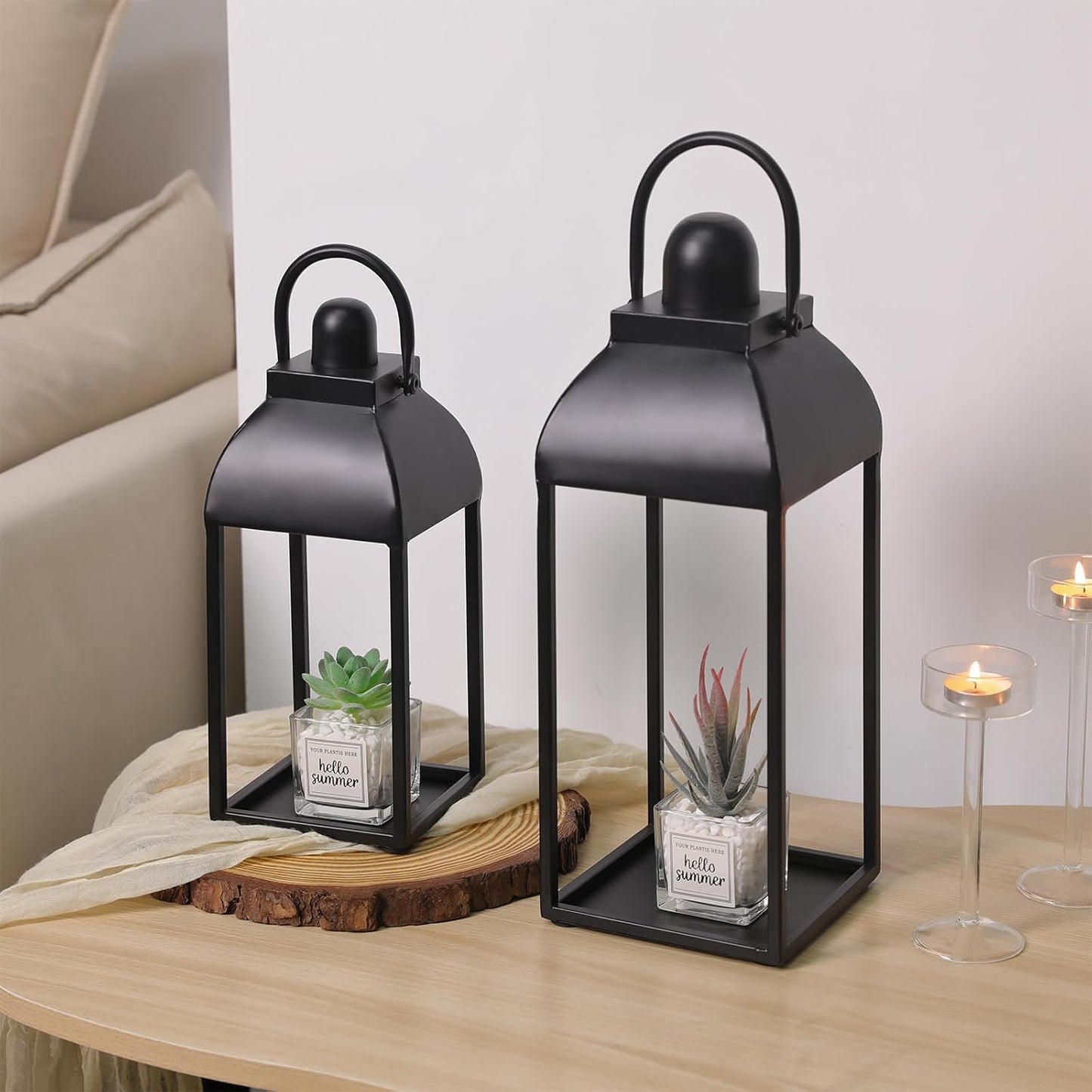 Lanterns Decorative Outdoor Indoor, 17'' 13'' Black Metal Outdoor Lanterns | Set of 2 Modern Farmhouse Candle Lantern