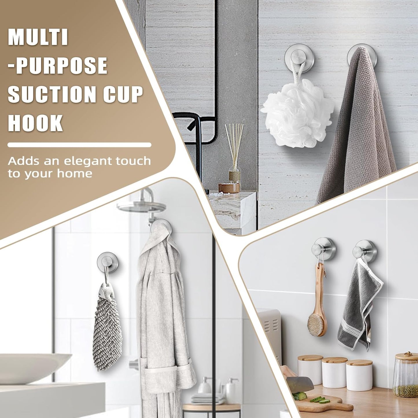 Suction Cup Hooks for Shower No-Drill Bathroom Hooks for Towels / Brushed Nickel / Set of 2