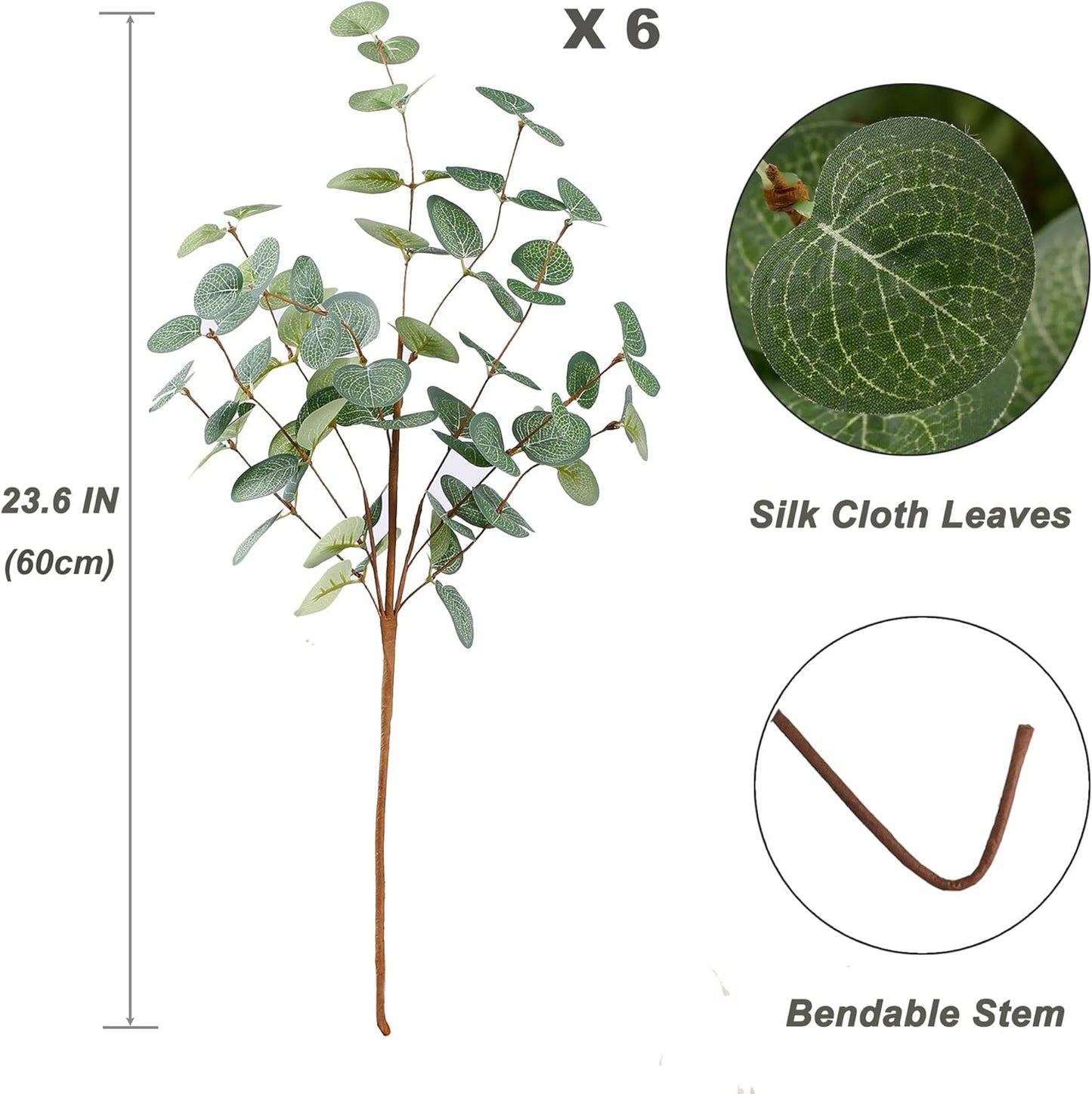 6 Bunches Artificial Eucalyptus Stems 24" Faux Eucalyptus Leaves Branches Silk Fake Foliage / Green