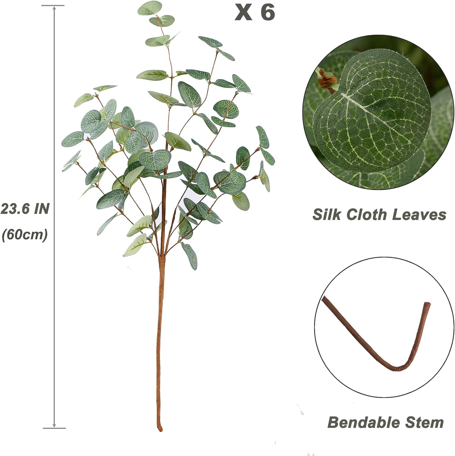 6 Bunches Artificial Eucalyptus Stems 24" Faux Eucalyptus Leaves Branches Silk Fake Foliage / Green