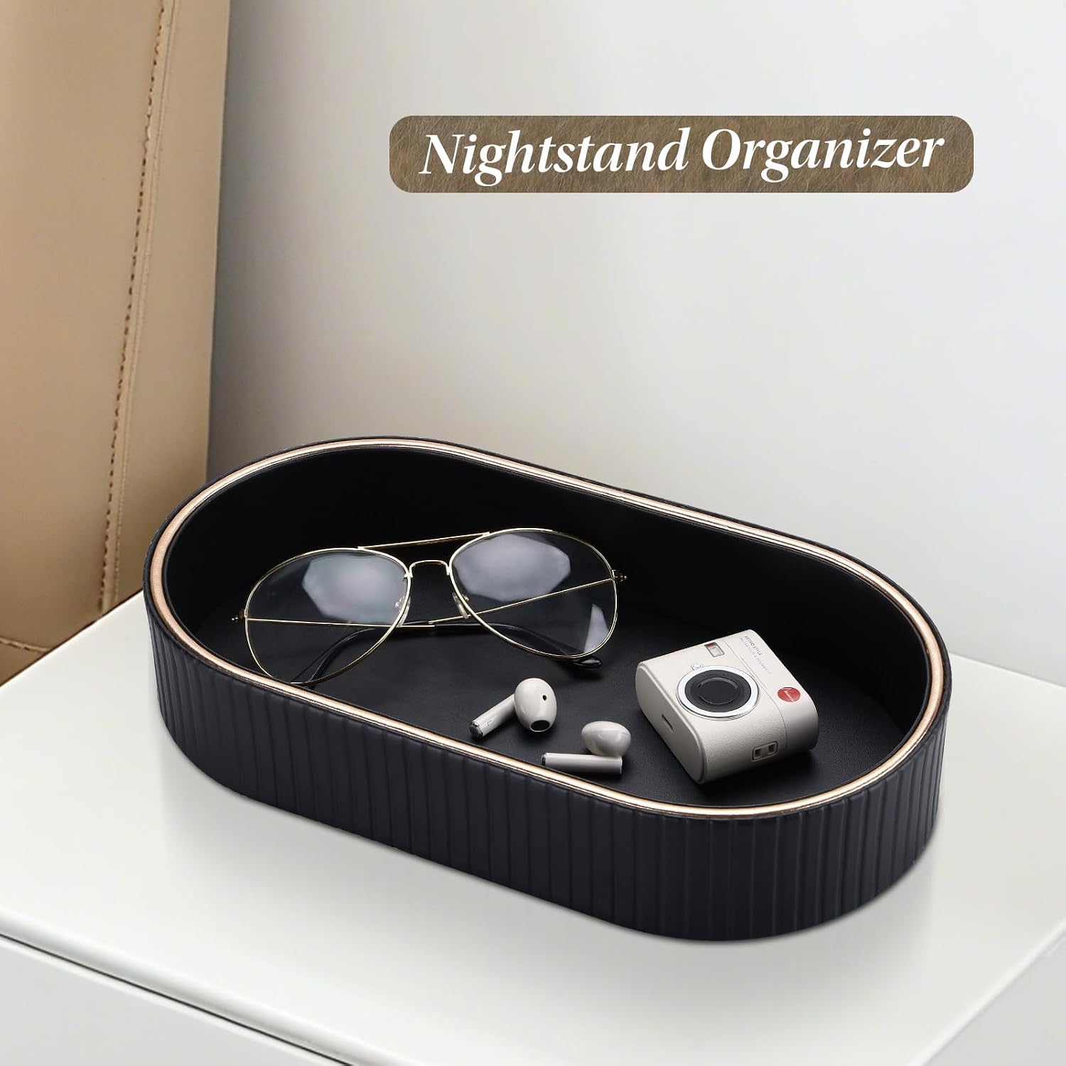 PU Leather Valet Tray Nightstand Organizer / Black