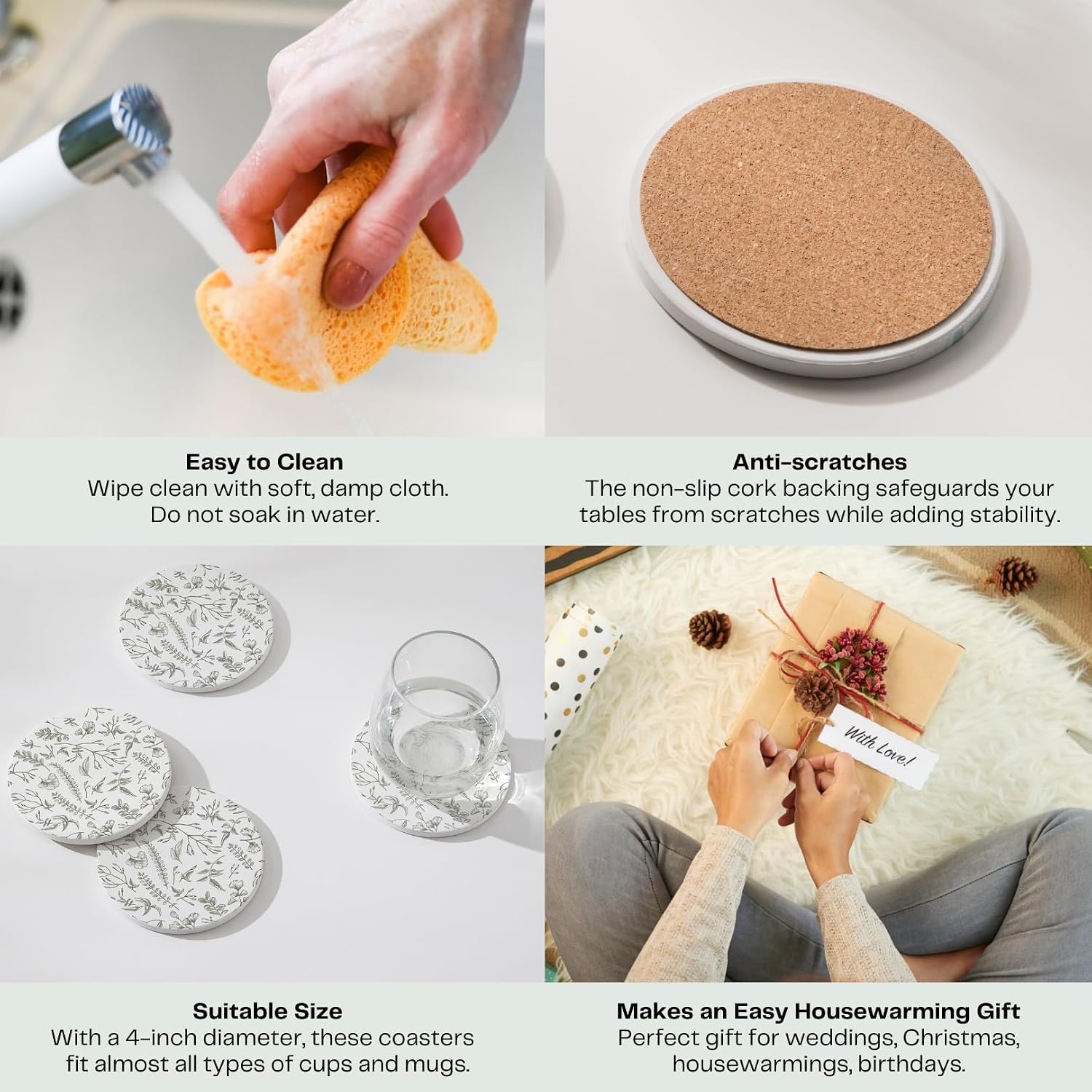 Holder / Absorbent Ceramic Drink Coasters / Sage and White / Set of 6