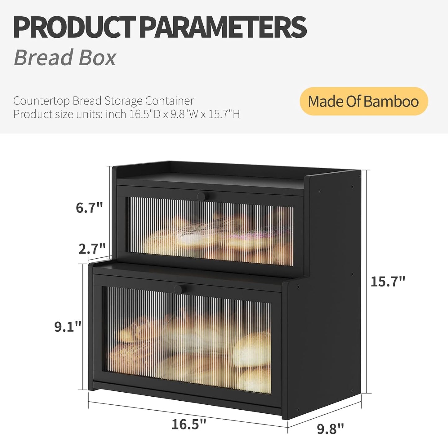 Double Layer Bamboo Bread Box for Kitchen Counter,Bread Holder,Countertop Bread Storage with Window (Black)