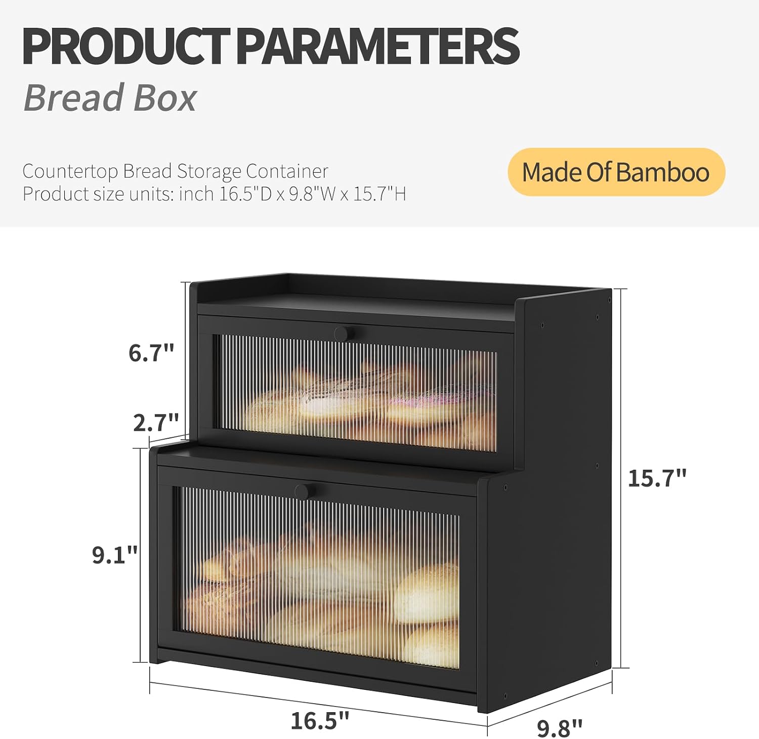 Double Layer Bamboo Bread Box for Kitchen Counter,Bread Holder,Countertop Bread Storage with Window (Black)