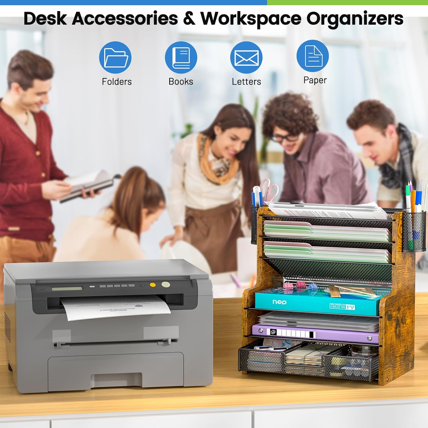 DAOUTIME 6-Tier Mesh Desk Organizer with Drawer, Wooden Office Organizer for Papers, Folders & Office Supplies - Sturdy