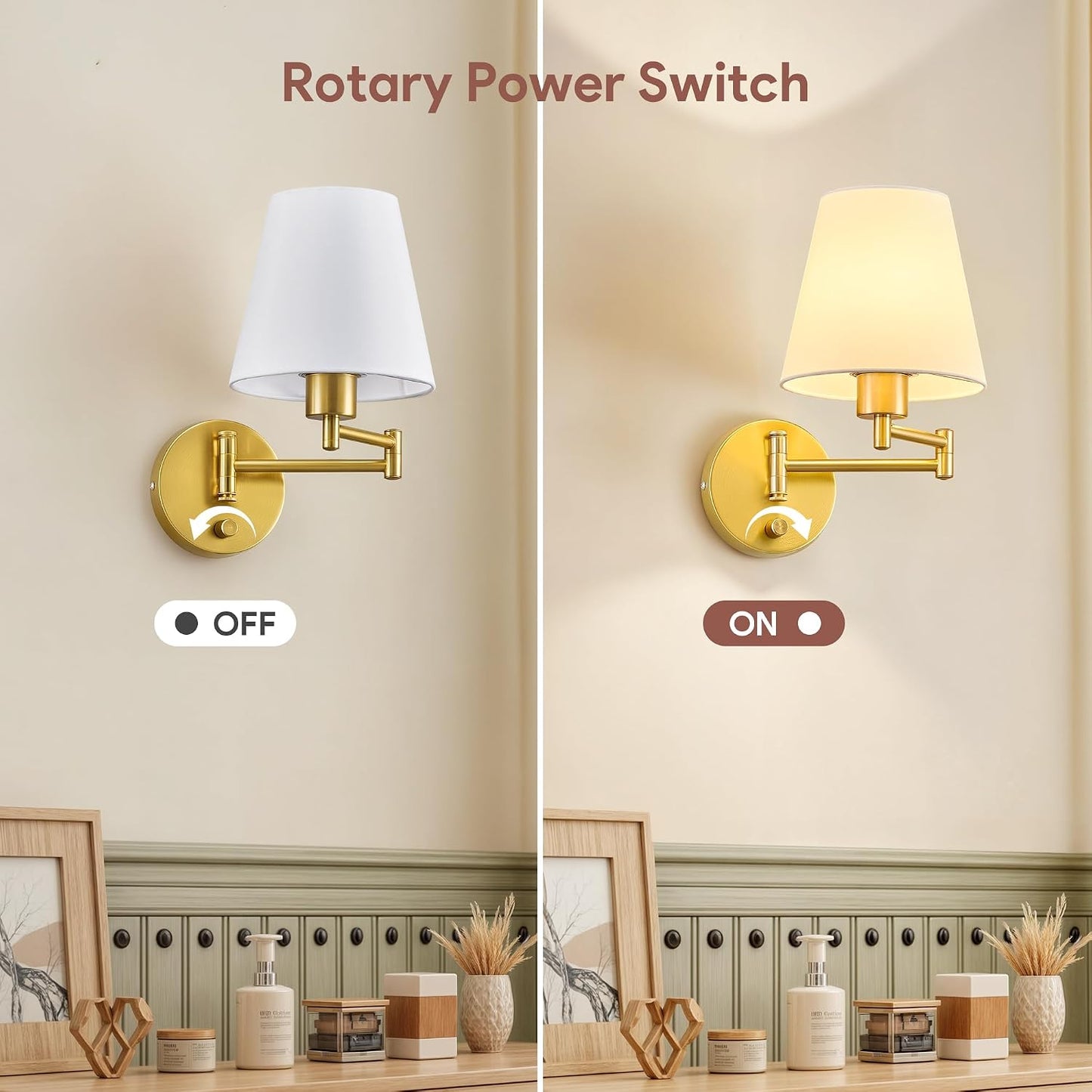 VONLUCE Wall Lamp, Plug in & Swing Arm Wall Sconce, Gold Finish | Modern Wall Lights with White Fabric Shades, Plug in