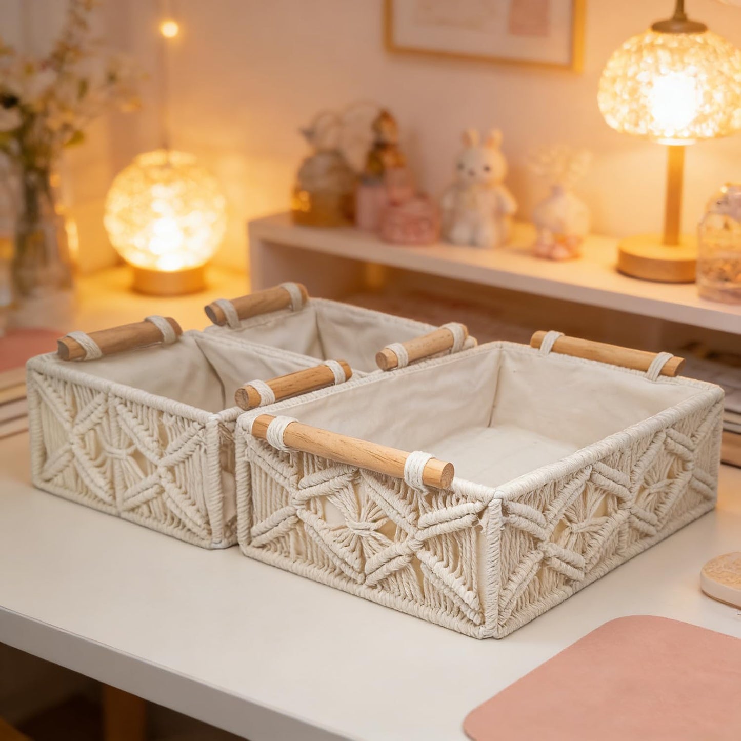 GIB Macrame Storage Basket Boho Decor Boxes Small Woven Baskets for Organizing / White / Set of 3