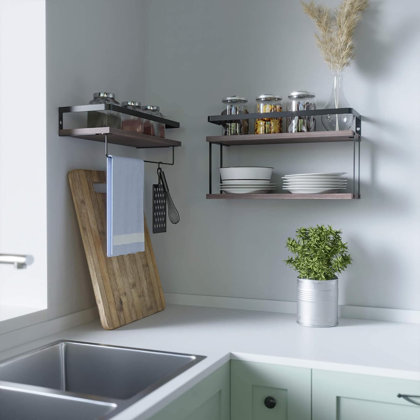 RICHER HOUSE 2+1 Tier Wall Mounted Floating Shelves Set of 2, Rustic Wood Shelf with Metal Frame, Extra Storage Rack