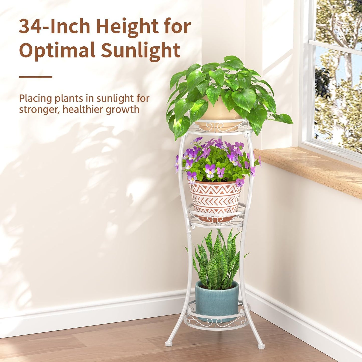 LASZOLA 3 Tiers Metal Corner Plant Flower Stand Tall Indoor Outdoor, White | Heavy Duty Small Holder Shelf for Multiple